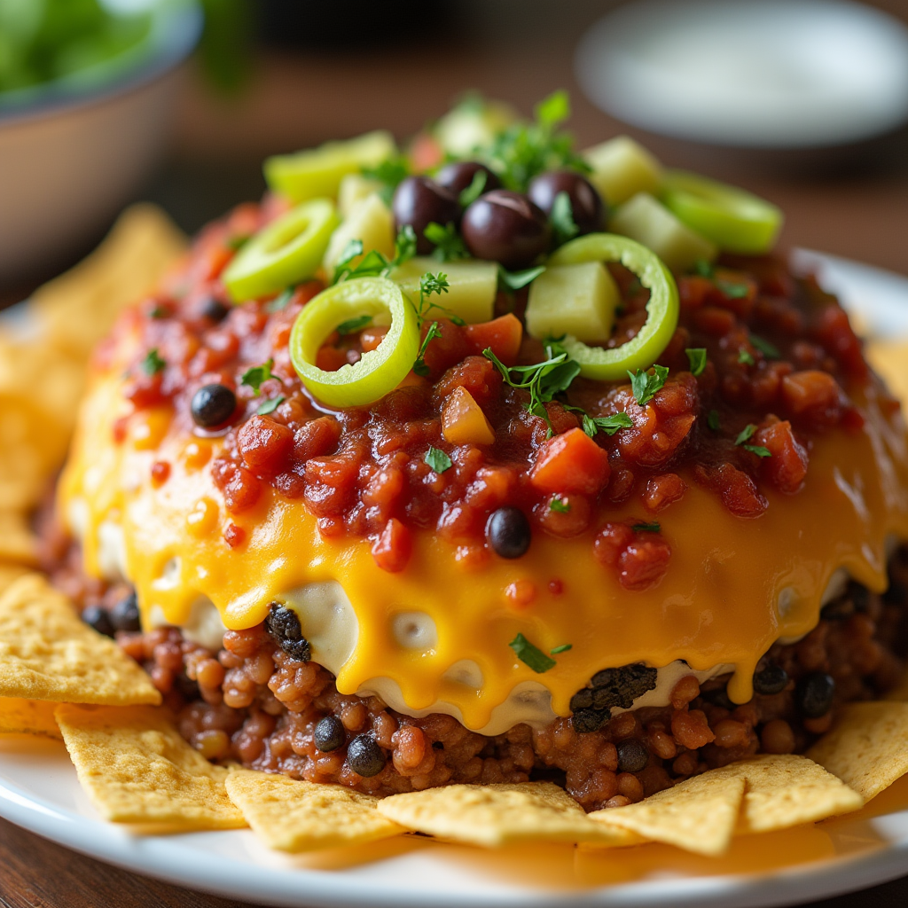 layered taco dip with salsa and cheese