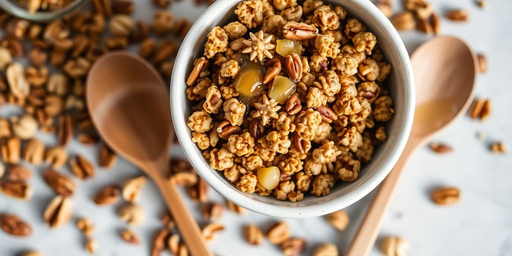 Bowl of crunchy vanilla nut granola with nuts and honey.