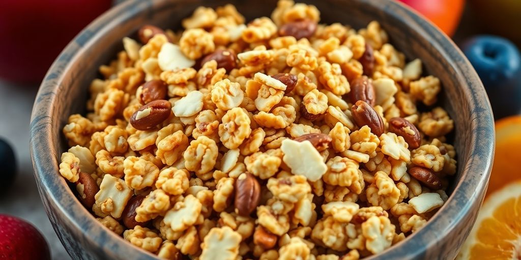 Close-up of crunchy vanilla nut granola in a bowl.