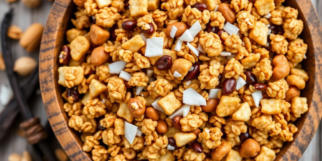 Crunchy vanilla nut granola in a wooden bowl.