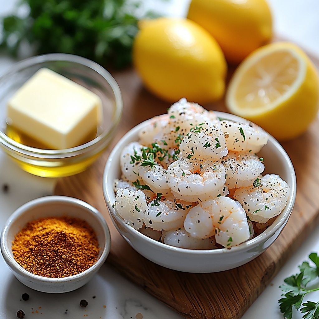 Raw shrimp finely chopped in a small white ceramic bowl, fresh bright green parsley leaves scattered beside it, two cloves garlic minced displayed neatly on a wooden cutting board, a small clear glass bowl with golden olive oil, a ramekin with golden breadcrumbs, a small dish of grated Parmesan cheese with fine snowy texture, a whole cracked egg with vibrant yellow yolk in a white ceramic dish, tiny piles of paprika and black pepper arranged artistically on a clean white surface, a pinch of coarse salt in a small ceramic spoon, three whole unsalted butter sticks pale yellow and creamy, a halved lemon showing bright, juicy yellow flesh, fresh parsley sprigs for garnish with vivid green color, all ingredients spread out thoughtfully and aesthetically spaced on a pristine white marble countertop, natural soft daylight highlighting textures and colors, small rustic wooden boards and white ceramic bowls adding contrast and warmth, minimal shadows for clear detail, overhead shot, top down view, flat lay photography, professional food styling --ar 1:1 --q 2 --s 750 --v 6.1