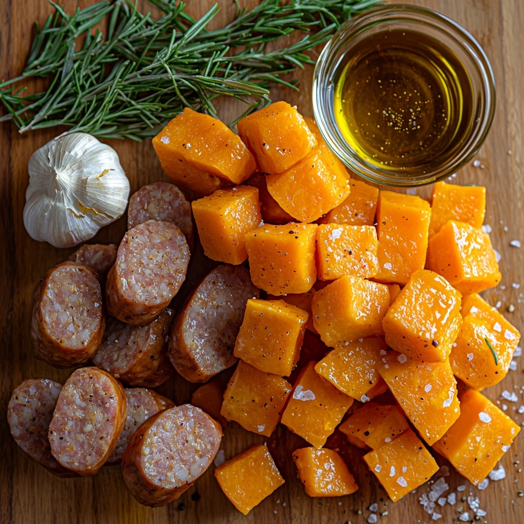 Sausage links sliced and whole, rich brown and slightly glossy with a crispy texture; large sweet potatoes peeled and diced into bright orange cubes with matte, rough surfaces; small clear bowl of golden honey with smooth, viscous texture; three cloves of garlic, minced finely with a fresh white color and slightly moist appearance; small glass dish of olive oil showing a clear, pale yellow sheen; scattered coarse salt crystals and freshly ground black pepper for seasoning. All ingredients thoughtfully arranged on a clean, light wooden surface, spaced evenly with natural shadows highlighting their textures and vibrant colors. Minimalist styling with a rustic yet refined feel, natural daylight coming from the side to create soft contrasts and subtle highlights, slight overhead angle emphasizing the variety of shapes and colors. Overhead shot, top down view, flat lay photography, professional food styling --ar 1:1 --q 2 --s 750 --v 6.1