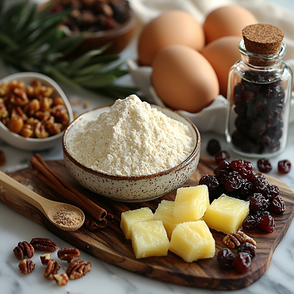 2 cups all-purpose flour in a small rustic ceramic bowl, ½ teaspoon baking soda and ½ teaspoon salt in tiny white porcelain spoons, 1 teaspoon ground cinnamon and ½ teaspoon ground nutmeg neatly arranged on a wooden cutting board, 1 cup unsalted butter softened into a smooth pat on parchment paper, 1 cup packed brown sugar in a vintage glass jar with a wooden scoop, 2 large brown eggs placed carefully on a linen napkin, 1 teaspoon vanilla extract in a small amber glass bottle, 1 cup chopped pecans and walnuts in a clear glass bowl showcasing rich brown textures, 1 cup chopped candied red and green cherries scattered vibrant and glossy on a white ceramic plate, 1 cup chopped candied pineapple bright yellow chunks in a shallow dish, ½ cup golden raisins spilling delicately beside the pineapple, all arranged symmetrically on a clean white marble surface with soft natural daylight casting gentle shadows, accented with a sprig of fresh cinnamon sticks and a dusting of flour for texture, overhead shot, top down view, flat lay photography, professional food styling --ar 1:1 --q 2 --s 750 --v 6.1