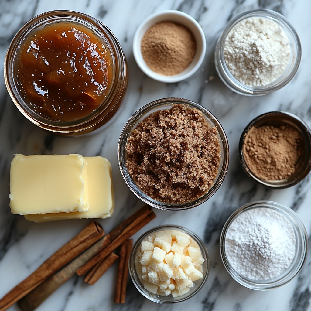 Softened unsalted butter in a small glass bowl showing creamy pale yellow texture, packed brown sugar heap with rich deep caramel color, fine granulated white sugar in a small ceramic dish, a single large brown egg with smooth shell, a jar of rich dark amber apple butter with visible glossy surface, a small bowl of golden vanilla extract, a rustic mound of all-purpose flour dusted with a light powdery finish, small bowls containing baking soda, baking powder, ground cinnamon with warm reddish-brown tones, ground nutmeg in fine specks, and fine white salt crystals, two tablespoons of unsalted butter in a melting pat form on a wooden spoon, a small ramekin with extra apple butter showing thick texture, a tiny dish of vanilla extract, and a shallow bowl of sifted powdered sugar softly piled with fluffy texture, all meticulously arranged on a clean white marble surface with gentle natural light casting soft shadows, accented by a sprig of cinnamon sticks and a vintage silver measuring spoon for added warmth and rustic charm, overhead shot, top down view, flat lay photography, professional food styling --ar 1:1 --q 2 --s 750 --v 6.1