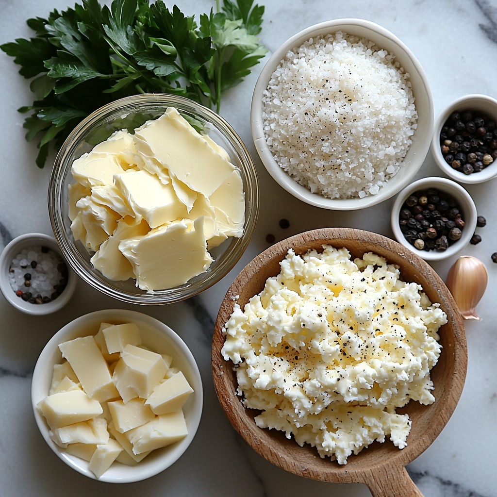 Butter, heavy cream, grated Parmesan cheese, minced garlic cloves, garlic powder, salt, black pepper, chopped parsley arranged neatly on a clean white marble surface. The half cup of rich golden butter sits in a small glass bowl, the thick, creamy white heavy cream in a matching bowl beside it. A wooden spoon holds finely grated Parmesan cheese, showing its granular, creamy texture. Three fresh garlic cloves, minced finely, are displayed on a small white dish, with a sprinkled heap of pale beige garlic powder nearby. Small white porcelain bowls contain salt and coarse black peppercorns, the contrasting colors adding dimension. A sprig of vibrant green chopped parsley is scattered artistically across the scene, adding freshness and color pop. Soft natural lighting highlights the creamy textures, subtle shadows add depth, and the overall composition feels bright, clean, and inviting. Overhead shot, top down view, flat lay photography, professional food styling --ar 1:1 --q 2 --s 750 --v 6.1