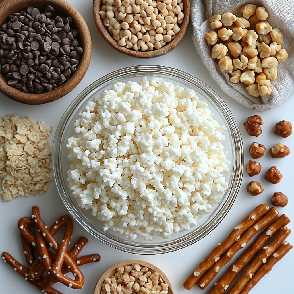 A clean, bright white surface neatly arranged with the main ingredients for Ragtag Candies: a clear glass bowl filled with glossy, creamy white chocolate chips; a mound of light golden rice krispie cereal with a crisp, airy texture; a small rustic wooden bowl containing slightly crushed, warm brown pretzel sticks showing varied jagged edges; a scattering of reddish-golden roasted peanuts with a natural, oily sheen; each ingredient spaced evenly apart to highlight their contrasting shapes and textures. Soft natural light from the side casts gentle shadows, enhancing the crunchiness and richness of each element. Minimalist styling with neutral linen napkin folded neatly off to one side, and subtle hints of kitchen tools like a wooden spoon and a small rolling pin blurred softly in the background. The overall mood is clean, fresh, and inviting, emphasizing the simplicity and deliciousness of the ingredients. overhead shot, top down view, flat lay photography, professional food styling --ar 1:1 --q 2 --s 750 --v 6.1