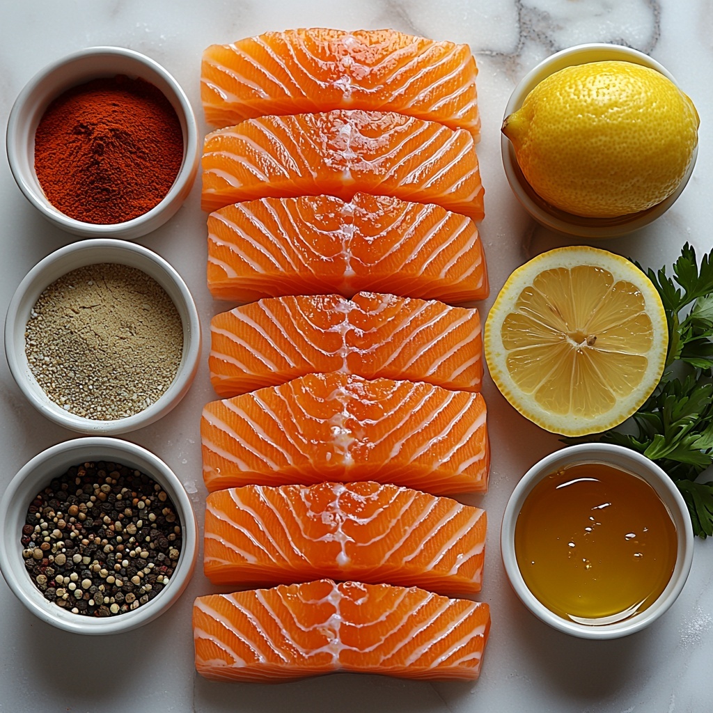 2 lemons (one whole, one sliced into thin rounds), 1 pound fresh salmon fillet with rich pink-orange flesh, small bowls containing paprika powder (vibrant red), kosher salt (coarse white grains), ground black pepper (fine black specks), melted golden butter, smooth pale yellow Dijon mustard, glossy amber honey, and finely chopped bright green fresh parsley, all artfully arranged on a pristine white marble surface. The lemon slices are fanned out in a neat cluster, the salmon fillet placed nearby showcasing its natural marbling and moist texture. Small ceramic bowls hold the spices and condiments, their colors contrasting vividly against the clean background. Scattered sprigs of parsley and a drizzle of honey on the side add freshness and visual interest. Soft, natural lighting highlights the textures and vibrant colors, creating inviting warmth and depth. Overhead shot, top down view, flat lay photography, professional food styling --ar 1:1 --q 2 --s 750 --v 6.1