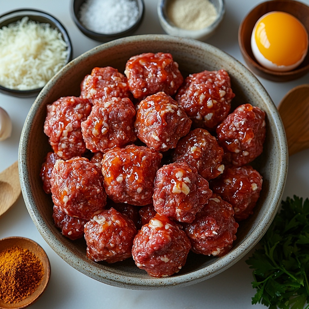 Honey BBQ Crockpot Meatballs ingredients arranged on a clean white marble surface, featuring raw ground beef in a rustic ceramic bowl with rich red and pink tones, a small glass bowl of golden honey BBQ sauce glistening under soft light, a mound of fine pale yellow breadcrumbs, a small bowl with grated Parmesan cheese showing delicate white shreds, a fresh large brown egg resting nearby, a spoonful of minced garlic with creamy white and slightly translucent texture, small piles of warm brown onion powder, coarse white salt crystals, and black peppercorns scattered artistically. Fresh vibrant green chopped parsley sprinkled loosely in a small dish for optional garnish. Natural soft daylight highlighting the varied textures and colors, styled with minimal wooden spoons and linen napkins, clean and modern aesthetic, slight shadows adding depth, overhead shot, top down view, flat lay photography, professional food styling --ar 1:1 --q 2 --s 750 --v 6.1