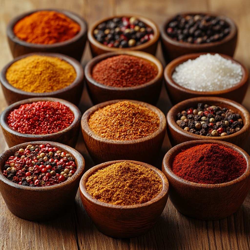 chili powder, ground cumin, garlic powder, ground paprika, smoked paprika, onion powder, salt, sugar, ground black pepper, cayenne pepper, all measured in small rustic ceramic bowls and fresh wooden spoons, arranged neatly in a circular pattern on a smooth, light wooden surface. Rich, warm colors from deep reds, earthy browns, soft yellows, and pale tans create a vibrant contrast against the neutral background. Fine powders show delicate textures with subtle shadows highlighting their granularity. The composition is clean and balanced with a minimalistic aesthetic, natural soft daylight illuminating the scene from the side, enhancing the spices’ vibrant hues and inviting warmth. Overhead shot, top down view, flat lay photography, professional food styling --ar 1:1 --q 2 --s 750 --v 6.1