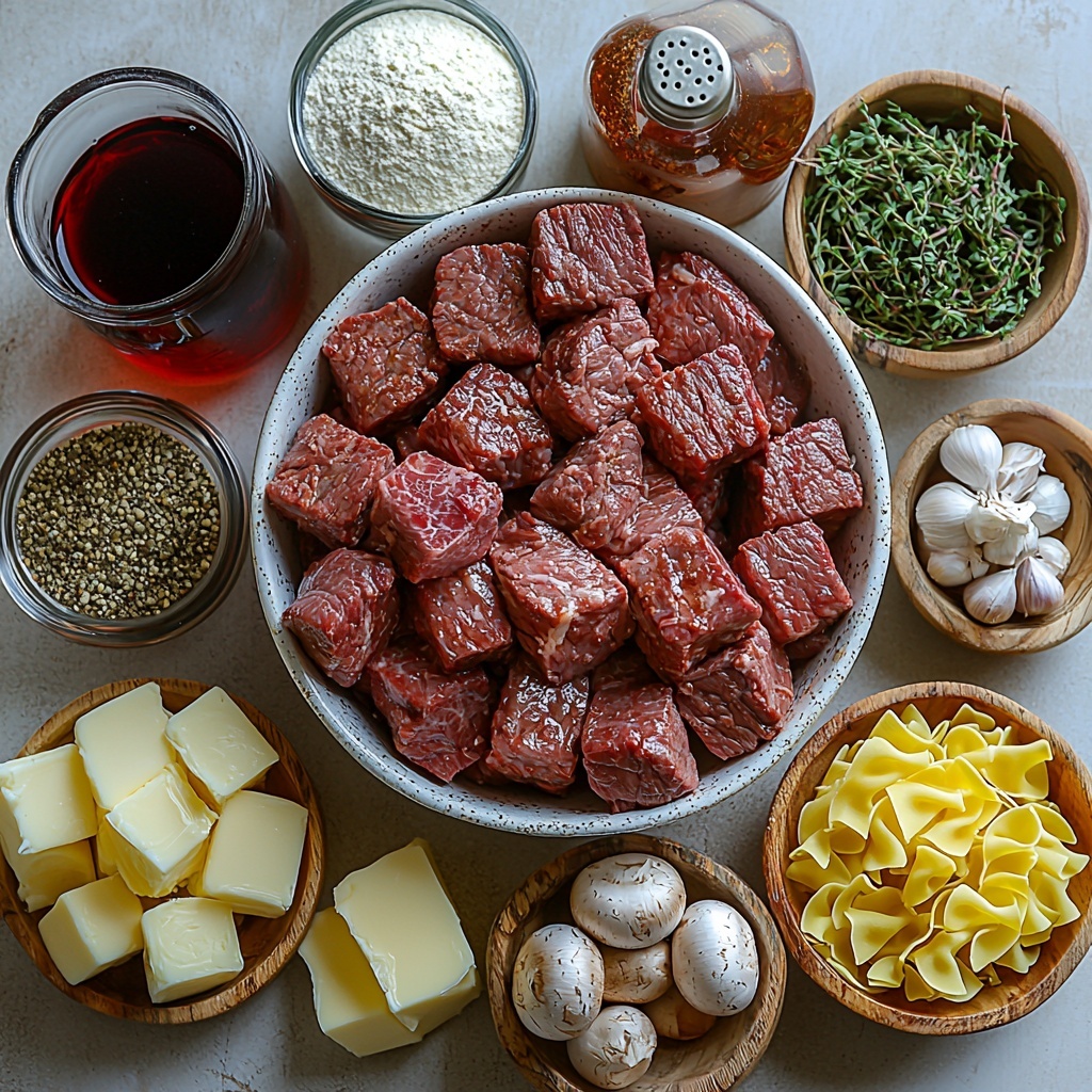 2 lbs. cubed stew beef seasoned with salt, black pepper, garlic salt, celery salt, onion powder, arranged neatly in a small rustic bowl; yellow diced onion in a small white ceramic bowl; sliced baby bella mushrooms spread out showing their rich brown caps and creamy undersides; peeled garlic cloves and minced garlic in a tiny glass dish; small bottle or pourer of olive oil with golden hues; a pat of butter on a vintage butter dish; a small dark bottle or teaspoon of Worcestershire sauce; Dijon mustard in a dollop on a white spoon; dried herbs (thyme, rosemary, parsley) arranged artfully in tiny wooden bowls showcasing earthy green and gray tones; red wine in a small clear glass with deep ruby color; flour in a white ramekin, fine powder texture; beef broth and chicken broth in small transparent measuring glasses with warm amber tones; a single beef bouillon cube with rough texture next to a fresh dried bay leaf; vibrant frozen peas scattered in a small bowl showing icy crystals; sour cream dolloped in a clean white bowl with glossy smooth texture; uncooked egg noodles loosely placed in a woven basket displaying pale golden color and curly texture. All ingredients are meticulously arranged on a clean, matte white surface with soft natural light casting gentle shadows, evoking a warm, inviting mood. The composition balances rustic and modern elements, with subtle garnishes like fresh parsley sprigs placed strategically for color contrast and freshness. Overhead shot, top down view, flat lay photography, professional food styling --ar 1:1 --q 2 --s 750 --v 6.1