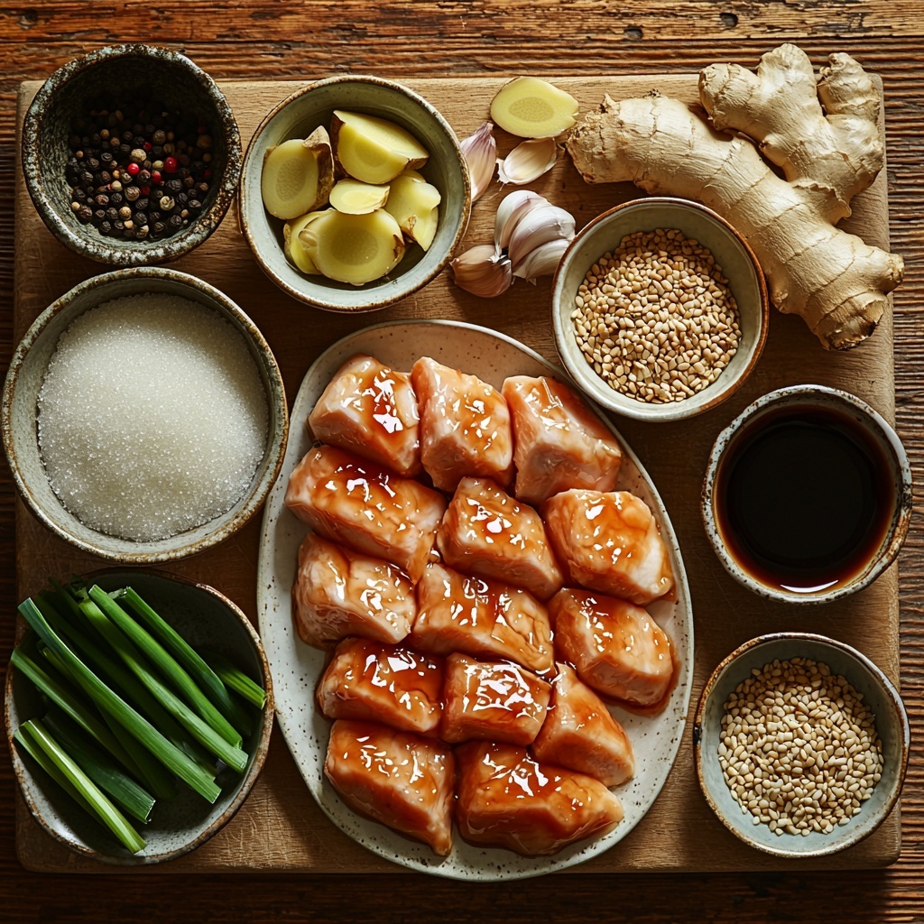 A clean, light-colored wooden surface with an artful flat lay arrangement of the main ingredients for easy teriyaki chicken: two large raw chicken breasts cut into bite-sized pieces on a white ceramic plate, small bowls containing golden brown sugar, light honey, and glossy dark soy sauce, a small dish of pale cornstarch powder, fresh grated ginger with its fibrous texture visible on a wooden grater, minced garlic cloves in a tiny white bowl, a small glass container of clear white wine vinegar, a tiny bowl with dark black pepper, a small ramekin of amber sesame oil, and a few whole cloves of garlic scattered lightly. Include a small bowl of water, a couple of fresh green scallions sliced on a wooden cutting board, a sprinkling of white sesame seeds elegantly spread nearby, and a polished stainless steel teaspoon set tastefully. Soft natural lighting highlights the warm earthy tones and delicate textures, with subtle shadows adding depth. The composition balances rustic simplicity and refined elegance, styled for a crisp, inviting visual narrative. Overhead shot, top down view, flat lay photography, professional food styling --ar 1:1 --q 2 --s 750 --v 6.1
