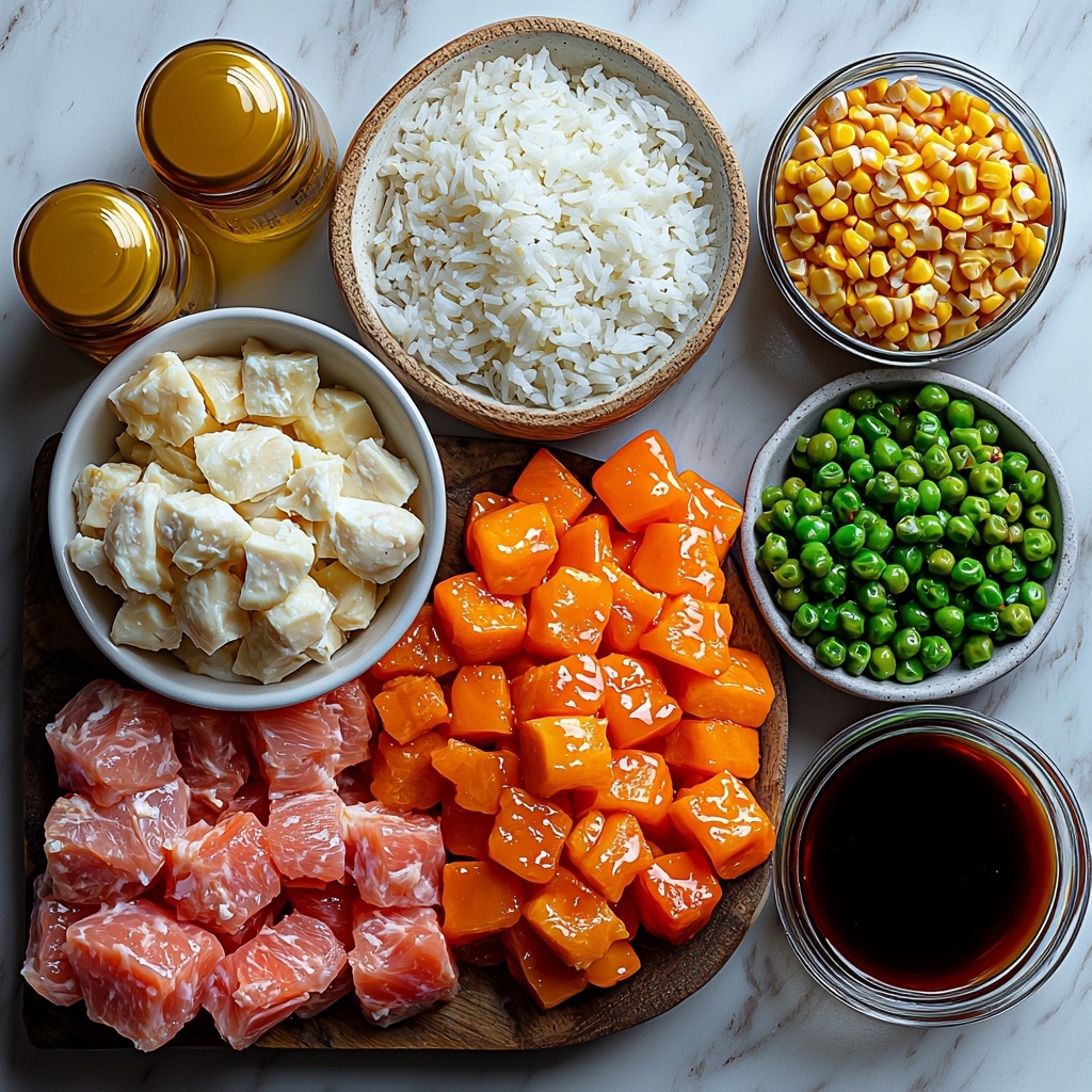 /Imagine a flat lay of all main ingredients for teriyaki chicken fried rice artfully arranged on a clean white marble surface. Diced bite-sized pieces of raw boneless, skinless chicken breast with a light pink hue sit neatly in a small white ceramic bowl. Nearby, a small glass dish holds glossy dark amber teriyaki sauce, its sheen catching the light. A small bottle or ramekin with golden vegetable oil shows smooth, reflective texture. A mound of fluffy, slightly clumped day-old jasmine rice with a soft white color occupies a rustic wooden bowl. Two lightly beaten eggs with a pale yellow tone rest in a shallow white dish. A handful of frozen mixed vegetables—vibrant peas, orange carrot cubes, and yellow corn kernels—are arranged directly on the surface, showing frost melting on a few pieces. Fresh green onions sliced into white and green segments are separated into delicate piles, highlighting their crisp texture and vivid greens and whites. Minced garlic cloves are displayed in a small heap, creamy white with a slightly moist appearance. A small bowl of soy sauce, deep brown and glossy, sits nearby beside a tiny container of dark sesame oil showcasing its rich color. Scattered around are tiny piles of white sesame seeds and a small dish of red chili flakes or Sriracha for spice, adding pops of contrast. The entire spread is styled with natural soft daylight casting gentle shadows, subtle color contrasts, and a harmonious balance of textures—smooth, crisp, glossy, and frosty—inviting and ready for cooking. Overhead shot, top down view, flat lay photography, professional food styling --ar 1:1 --q 2 --s 750 --v 6.1