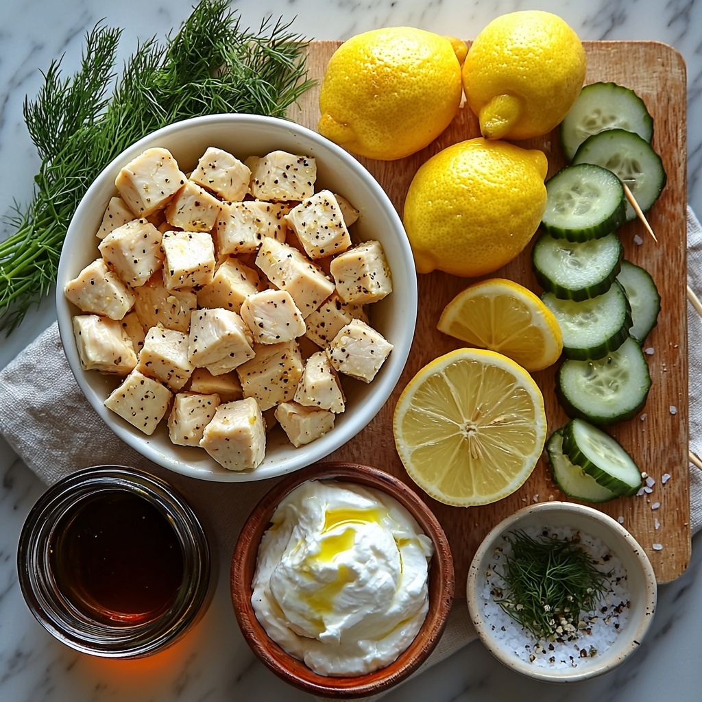boneless skinless chicken breast cubes in a small white bowl, a glass bowl with smooth golden olive oil, fresh lemon whole with bright yellow zest and halved lemon showing juicy pulp, fresh garlic cloves and minced garlic on a small white dish, a small jar of deep red wine vinegar, dried oregano scattered as greenish-brown flakes on a wooden spoon, fine grains of salt and black pepper in small white ceramic bowls, a cup of creamy plain Greek yogurt in a rustic bowl, half a cucumber grated finely with vibrant green shreds on a white plate, fresh bright green dill sprigs and chopped dill in a tiny bowl, a small bowl of lemon juice with a pale yellow liquid reflective surface, metal and wooden skewers neatly stacked on a natural linen cloth, all arranged thoughtfully on a clean light marble countertop with soft natural daylight casting gentle shadows highlighting textures and colors, subtle rustic props like a wooden spoon and linen napkin for warmth, minimalistic and elegant styling with fresh herbs adding pops of green, overhead shot, top down view, flat lay photography, professional food styling --ar 1:1 --q 2 --s 750 --v 6.1