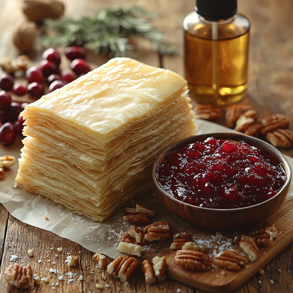 puff pastry sheets folded and stacked, showing flaky golden layers; a wedge of creamy brie cheese with smooth white rind, partially sliced to reveal soft interior; a small bowl of vibrant red cranberry sauce with glossy texture; a scattering of finely chopped nuts (pecans and walnuts) with rich brown tones; cooking oil spray bottle with minimalist label; ingredients neatly arranged on a clean, light wooden surface with subtle flour dusting around pastry; natural soft lighting highlighting the contrasting textures of flaky dough, creamy cheese, and glossy sauce; fresh and inviting composition with balanced spacing and warm, neutral background tones for an elegant and appetizing look; overhead shot, top down view, flat lay photography, professional food styling --ar 1:1 --q 2 --s 750 --v 6.1