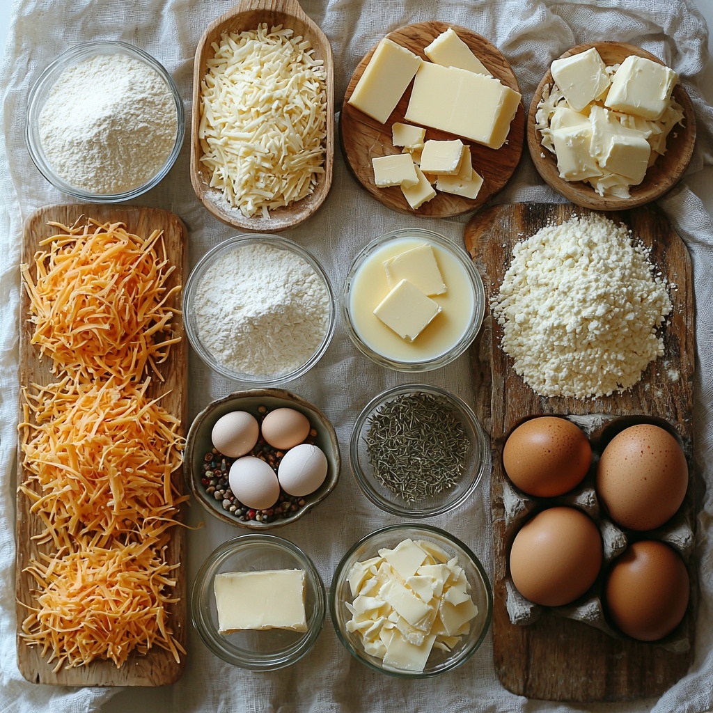A flat lay of the main ingredients for cheese bread arranged neatly on a clean white surface: a small heap of all-purpose flour with a wooden scoop, a ramekin of baking powder, small glass bowls each containing baking soda, salt, garlic powder, dried oregano, and dried thyme; three piles of cheeses—bright orange shredded cheddar, creamy white shredded mozzarella, and pale yellow grated Parmesan—each displayed on small rustic wooden boards; a vintage measuring cup filled with creamy buttermilk, a small bowl of melted golden unsalted butter, and two large fresh brown eggs placed nearby; warm natural lighting highlighting the varied textures from fine powders to fluffy cheese shreds and smooth liquids; subtle shadows creating depth without overpowering; arranged with balanced spacing and a slight asymmetry to keep visual interest; clean, minimalist style with subtle props like a linen napkin and a wooden spoon partially visible; overhead shot, top down view, flat lay photography, professional food styling --ar 1:1 --q 2 --s 750 --v 6.1