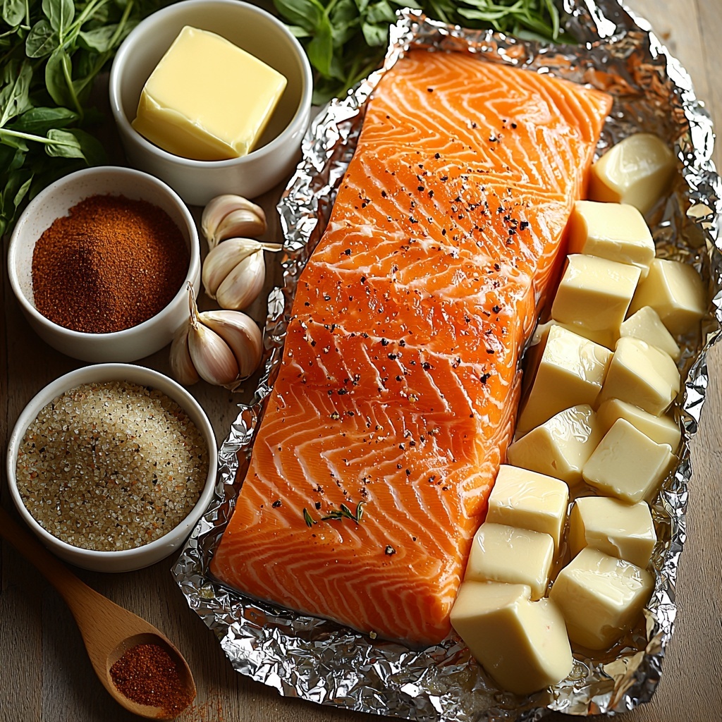 A clean, bright surface with a whole 2-pound salmon fillet (skin-on, pink flesh exposed) centered on a large piece of crinkled foil; nearby, a small bowl of melted golden butter with a few whole peeled garlic cloves and minced garlic scattered elegantly; a wooden spoon resting beside a small heap of brown sugar crystals; small white ceramic bowls containing vibrant Italian seasoning mix with green herbs, deep red paprika powder, fine garlic powder, coarse salt, and cracked black peppercorns artfully arranged around the salmon; fresh garlic cloves with papery skins partially peeled arranged naturally; natural light highlighting the varied textures—the silky salmon skin, granular sugar, and powdered spices—all arranged thoughtfully on a neutral background for contrast. Overhead shot, top down view, flat lay photography, professional food styling --ar 1:1 --q 2 --s 750 --v 6.1