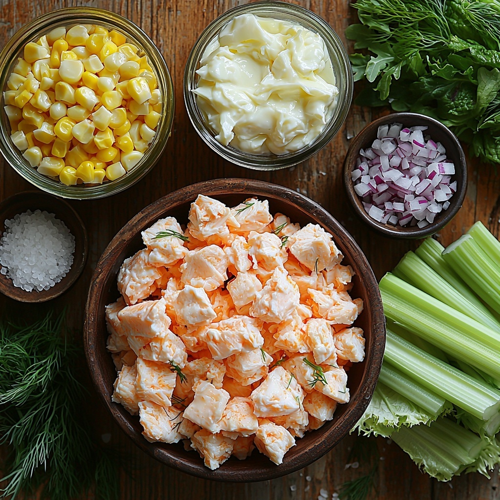 /imagine prompt: A clean, bright kitchen countertop with the main ingredients for a creamy seafood salad neatly arranged in an inviting flat lay. Shredded chunks of pale pink and white imitation crab meat are placed in a small rustic bowl, surrounded by a dollop of smooth, glossy off-white mayonnaise in a glass jar. Nearby, a small wooden spoon holds a drizzle of fresh, pale yellow lemon juice next to a tiny bowl of creamy Dijon mustard with a soft golden hue. Finely diced celery pieces create a vibrant green, crisp pile, contrasted by the delicate purple-red minced red onion bits arranged in a small ceramic dish. Half a cup of bright yellow corn kernels glisten in a clear bowl, perfectly drained. Scattered sprigs of freshly chopped dill add a pop of dark green freshness. Salt and black pepper are showcased in small open ramekins, with coarse sea salt crystals and freshly cracked black peppercorns visible. Crisp, bright green lettuce leaves fan out along one edge of the frame, adding a fresh and natural element. A light, natural wooden surface as the backdrop enhances the vibrant colors and textures, with soft natural daylight creating gentle shadows that emphasize the freshness and detail of each ingredient. The composition feels balanced, clean, and appetizing with a minimalistic yet warm aesthetic. Overhead shot, top down view, flat lay photography, professional food styling --ar 1:1 --q 2 --s 750 --v 6.1