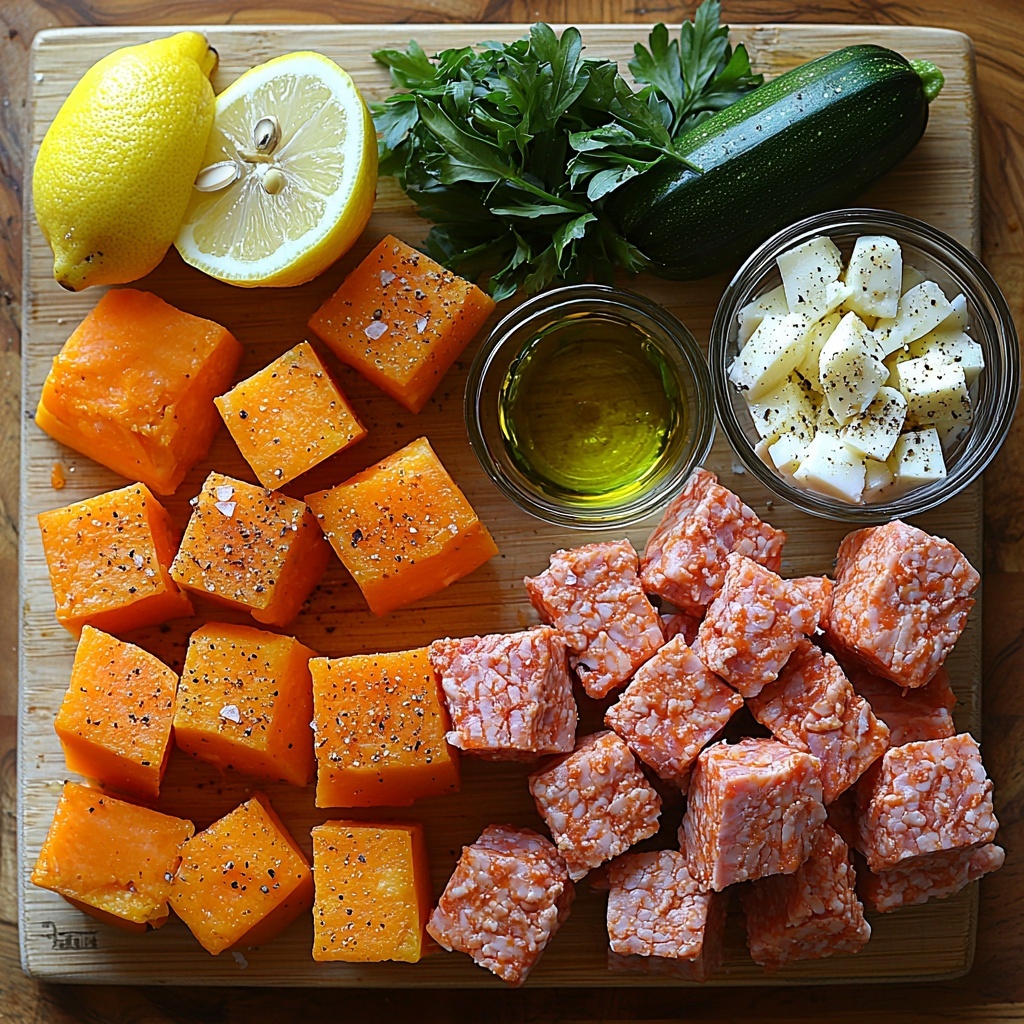 Sweet potatoes peeled and diced into neat 1/2 inch cubes with vibrant orange color, bright yellow onion diced into small pieces, two medium zucchinis diced into fresh green cubes, a raw mound of pale pink ground turkey, a small bowl of shredded white mozzarella cheese with soft, stringy texture, a small glass dish of golden olive oil, scattered spices including reddish smoked paprika, greenish Italian seasoning, white garlic powder, coarse kosher salt crystals, and ground black pepper with speckled dark texture, a few fresh bright green parsley leaves, and a halved lemon with deep yellow flesh. All ingredients carefully spaced and arranged on a clean light wood surface that highlights the colors and textures, subtle natural light casting soft shadows, minimal props to keep focus on ingredients, clean and crisp styling emphasizing freshness and rustic simplicity, overhead shot, top down view, flat lay photography, professional food styling --ar 1:1 --q 2 --s 750 --v 6.1
