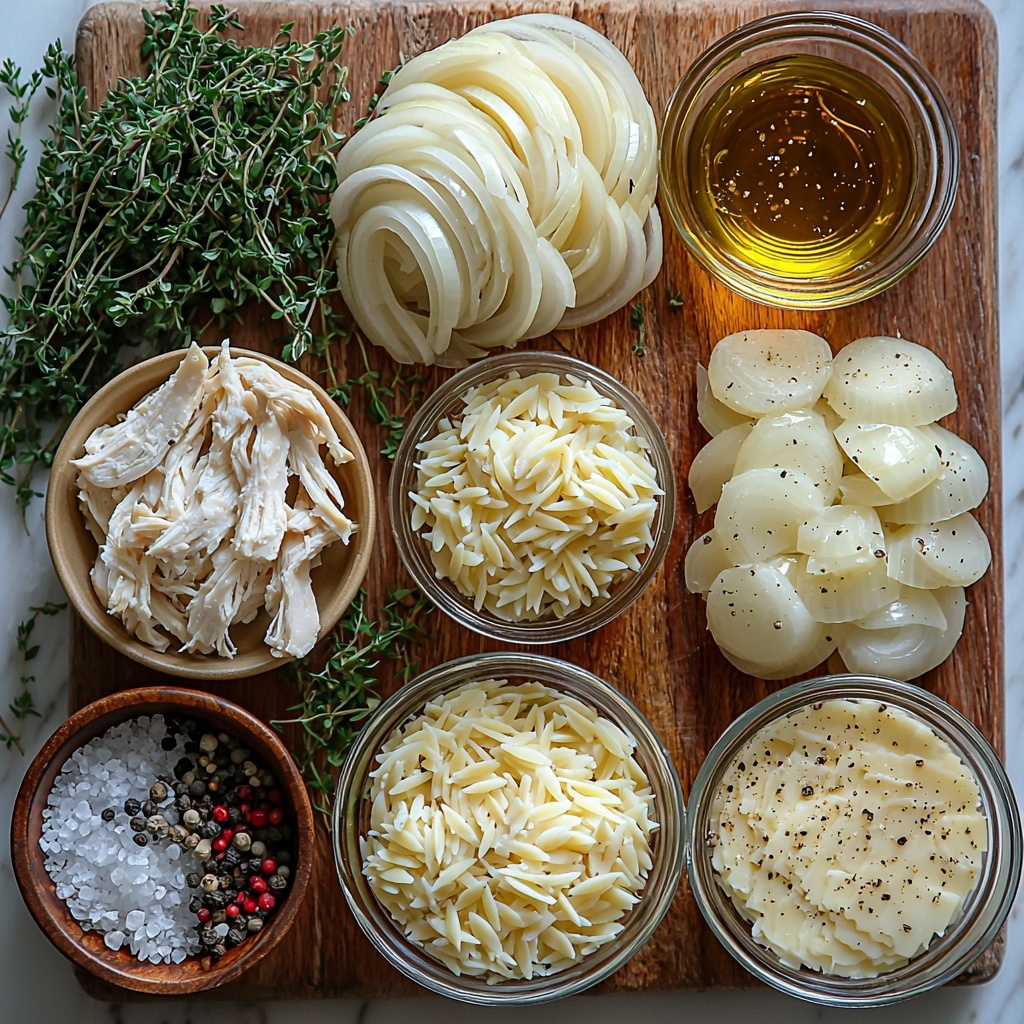 A clean white marble surface with all main ingredients for French Onion Chicken Orzo Casserole neatly arranged in a balanced flat lay: a small bowl of cooked golden orzo pasta with glossy texture, shredded white chicken breast piled loosely on a rustic wooden board, a large yellow onion thinly sliced into delicate translucent rings, a small glass bowl of rich dark brown beef broth, a heap of shredded pale Swiss or Gruyere cheese with soft, slightly curly strands, a small white dish of glossy golden olive oil, fresh sprigs of green thyme scattered artfully, and coarse salt and cracked black peppercorns sprinkled subtly around. Soft natural light highlights the varied textures and warm tones, with minimal shadows, creating an inviting and fresh feel. Overhead shot, top down view, flat lay photography, professional food styling --ar 1:1 --q 2 --s 750 --v 6.1