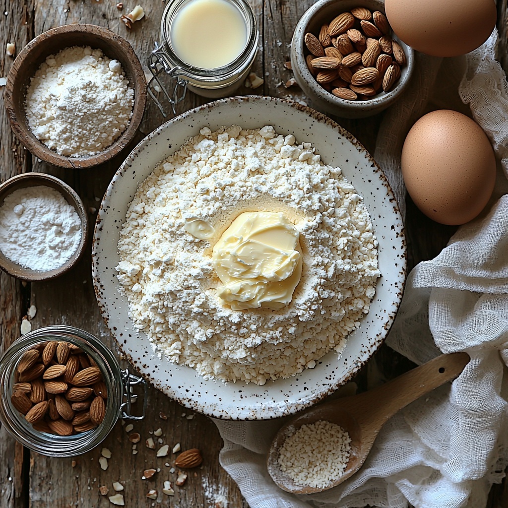 2 cups all-purpose flour in a small ceramic bowl with some flour spilled gently around it, 1 teaspoon active dry yeast in a tiny glass jar with some scattered granules nearby, 1/4 cup granulated sugar in a clear glass bowl catching soft light, 1/2 teaspoon salt in a small white porcelain spoon, 1/2 cup whole milk in a vintage measuring cup with slight condensation, 1/4 cup melted unsalted butter in a small glass ramekin glowing warm golden, 1 large brown egg resting on a rustic wooden surface, 1 teaspoon almond extract in a small amber bottle with a dropper top, 1/2 cup smooth almond paste shaped into a neat mound on a white plate, 1/4 cup chopped almonds sprinkled lightly next to the almond paste, a small bowl containing a beaten egg wash with a whisk resting inside, and a sifter with dusted powdered sugar lightly spread nearby. All ingredients are thoughtfully spaced on a clean white surface with natural morning light casting soft shadows, highlighting textures from powders to liquids, styled with minimalistic props like a linen napkin folded elegantly to one side and a wooden spoon for warmth. Overhead shot, top down view, flat lay photography, professional food styling --ar 1:1 --q 2 --s 750 --v 6.1