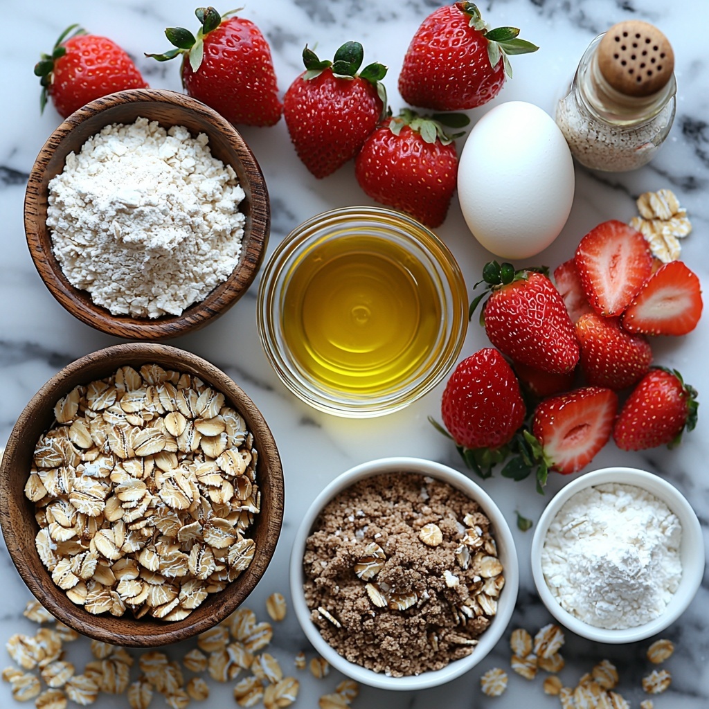 quick-cooking oats in a small glass bowl with a wooden spoon, packed brown sugar in a rustic ceramic dish, creamy white Greek yogurt in a clear bowl, a small glass bowl of golden oil, a beaten egg in a white ramekin, a small bottle of vanilla extract with a wooden cork, all-purpose flour in a linen-lined bowl with some flour dusted nearby, salt and baking powder and baking soda measured in tiny white porcelain spoons, freshly chopped bright red strawberries in a small bowl with some strawberries lightly coated in flour on the side, ingredients arranged neatly on a clean white marble surface with soft natural light, subtle shadows, some scattered oats and flour for texture, vibrant colors contrasting with neutral tones, rustic and inviting food styling, overhead shot, top down view, flat lay photography, professional food styling --ar 1:1 --q 2 --s 750 --v 6.1
