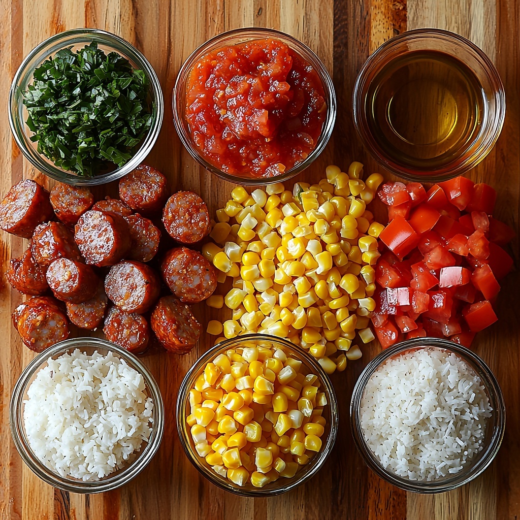 smoked sausage sliced into half-inch rounds, chopped yellow onion, diced red bell pepper, bright yellow corn kernels, rich red tomato paste in a small bowl, sprinkle of garlic powder and ground paprika on a light wooden surface, uncooked instant rice in a neat mound, clear glass measuring cup with low sodium chicken broth, small bowls of salt and black pepper, a drizzle of golden oil in a shallow dish; ingredients arranged artfully in a balanced, symmetrical flat lay with contrasting colors—deep reds, vibrant yellows, warm browns, and fresh whites—textures ranging from smooth tomato paste to coarse rice grains and glossy sausages, natural soft lighting highlighting the freshness and vibrancy, minimal shadows, clean background with subtle rustic wooden texture, garnished with a sprig of fresh green herbs for a pop of color; overhead shot, top down view, flat lay photography, professional food styling --ar 1:1 --q 2 --s 750 --v 6.1