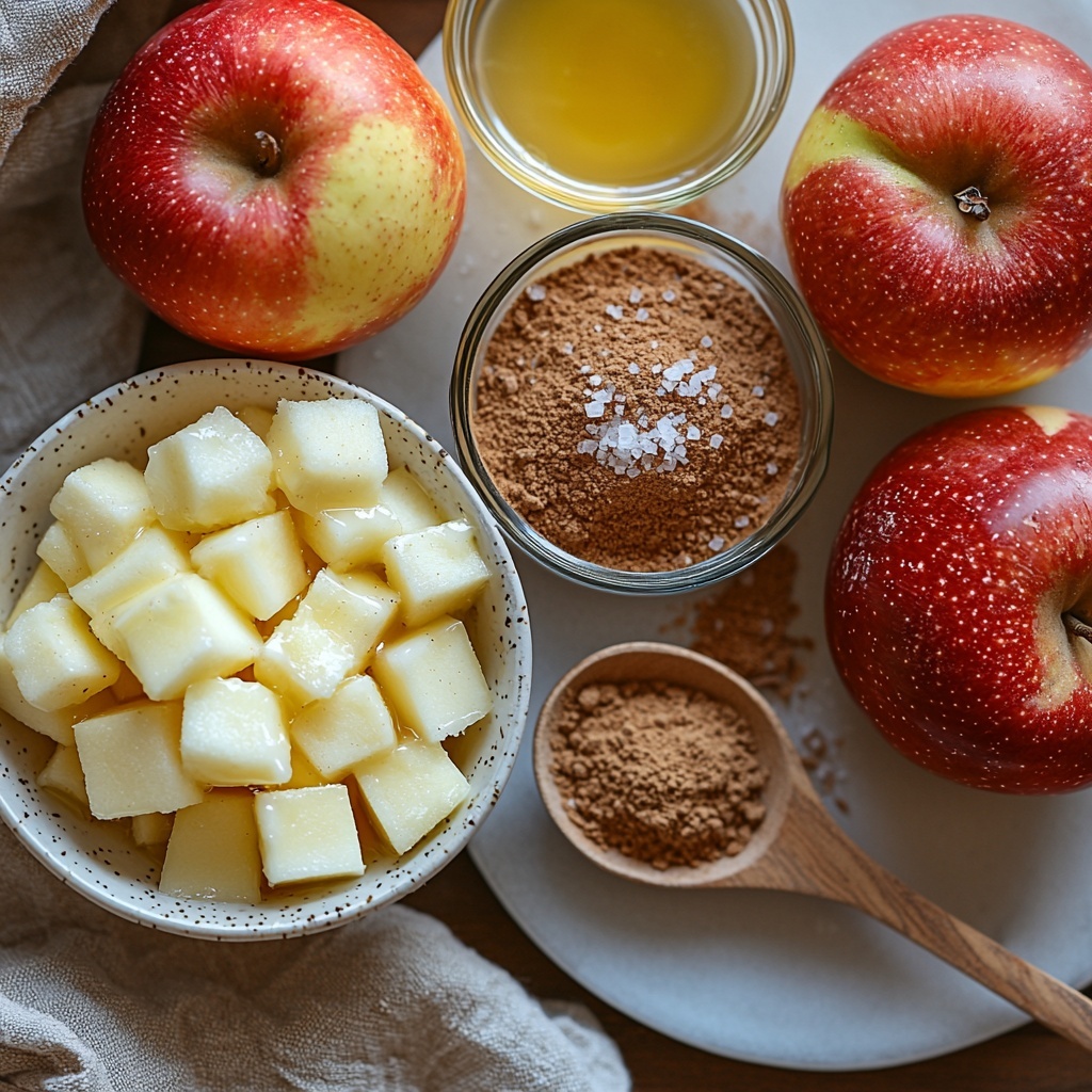 4-5 fresh apples, some whole with shiny red and green skin, some chopped into ½-inch cubes in a small white bowl; a small vintage glass bowl with golden melted butter; a tiny rustic wooden spoon with light brown cinnamon powder; a small heap of dark brown soft brown sugar on a white ceramic plate; a small pinch of coarse salt crystals scattered delicately near the bowls; a small clear glass dish with bright yellow lemon juice; all ingredients arranged neatly and spaced evenly on a clean, smooth white surface with soft natural daylight casting gentle shadows; warm, inviting autumn tones highlighting the textures of the apples' glossy skin, buttery smoothness, fine cinnamon powder, and granulated sugar crystals; subtle rustic and cozy styling with muted colors, natural props like a linen napkin folded at one corner, touches of warmth and simplicity; overhead shot, top down view, flat lay photography, professional food styling --ar 1:1 --q 2 --s 750 --v 6.1
