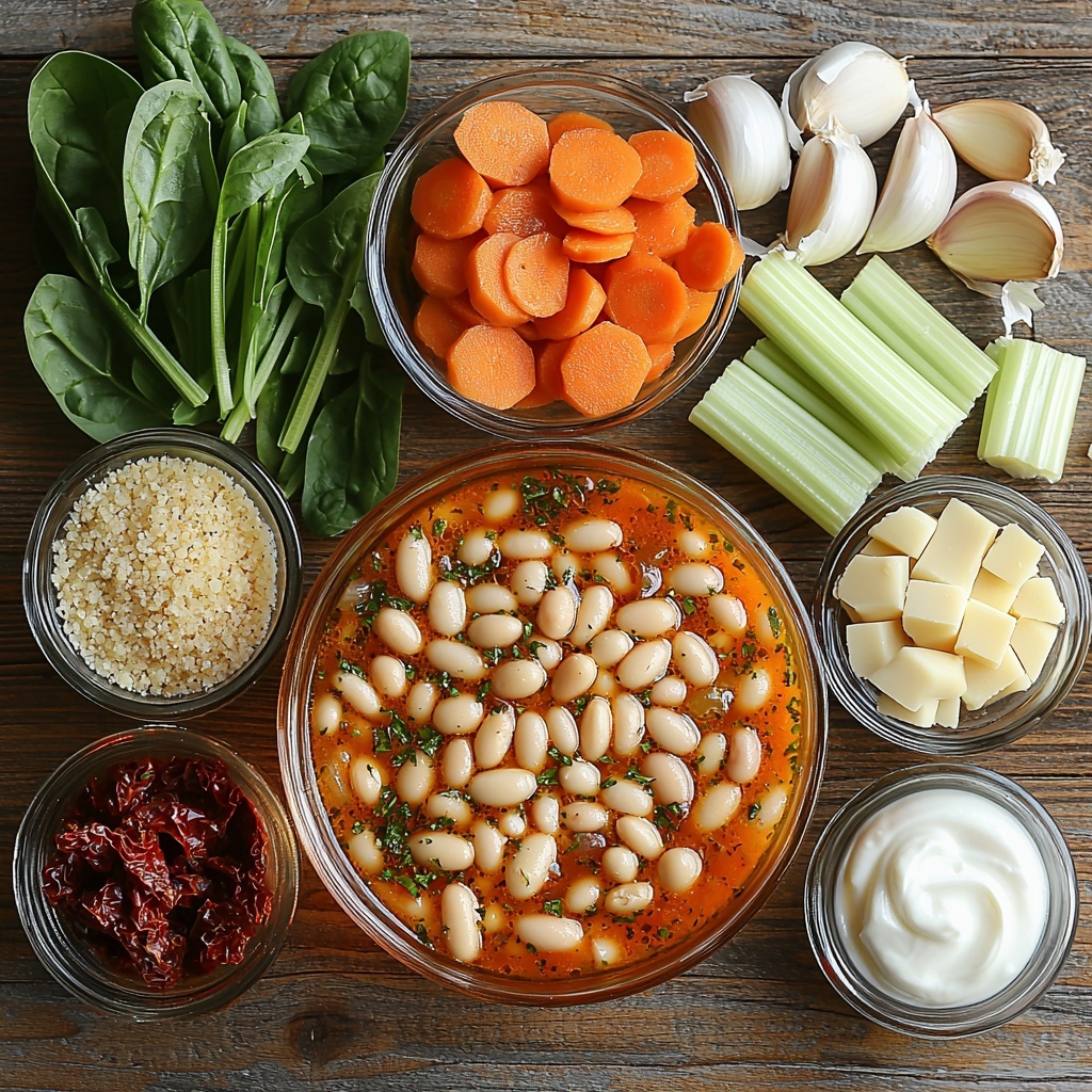 A clean, bright wooden surface arranged with the main ingredients for Marry Me White Bean Soup in an artful flat lay: a small glass bowl of golden olive oil shimmering with light reflections; a small pile of finely diced vibrant red onion pieces next to peeled and minced fresh garlic cloves; fresh celery stalks chopped into crisp, light green chunks beside sliced orange carrots arranged in neat bundles; small glass spice bowls containing coarse kosher salt crystals, earthy dried thyme, dried rosemary sprigs, and scattered red pepper flakes with a single fresh bay leaf resting nearby; a clear measuring cup filled with rich, amber vegetable broth; a small white bowl of finely chopped sun-dried tomatoes, their deep reddish-brown hues contrasting with two white cans of rinsed white beans spilling some creamy beige beans onto a rustic linen napkin; a small glass jar of thick, creamy white heavy cream next to a tiny bowl of freshly grated pale yellow parmesan cheese flakes; a generous handful of fresh, glossy baby spinach leaves with vibrant green color fanned out; and a small bowl of finely chopped fresh basil leaves adding a fresh herbal pop of deep green; soft natural light emphasizes the textures—the smoothness of the cream, the roughness of the sun-dried tomatoes, and the leafy vibrancy of the spinach and basil; ingredients spaced evenly with negative space to create balance and focus, shot overhead, top down view, flat lay photography, professional food styling --ar 1:1 --q 2 --s 750 --v 6.1