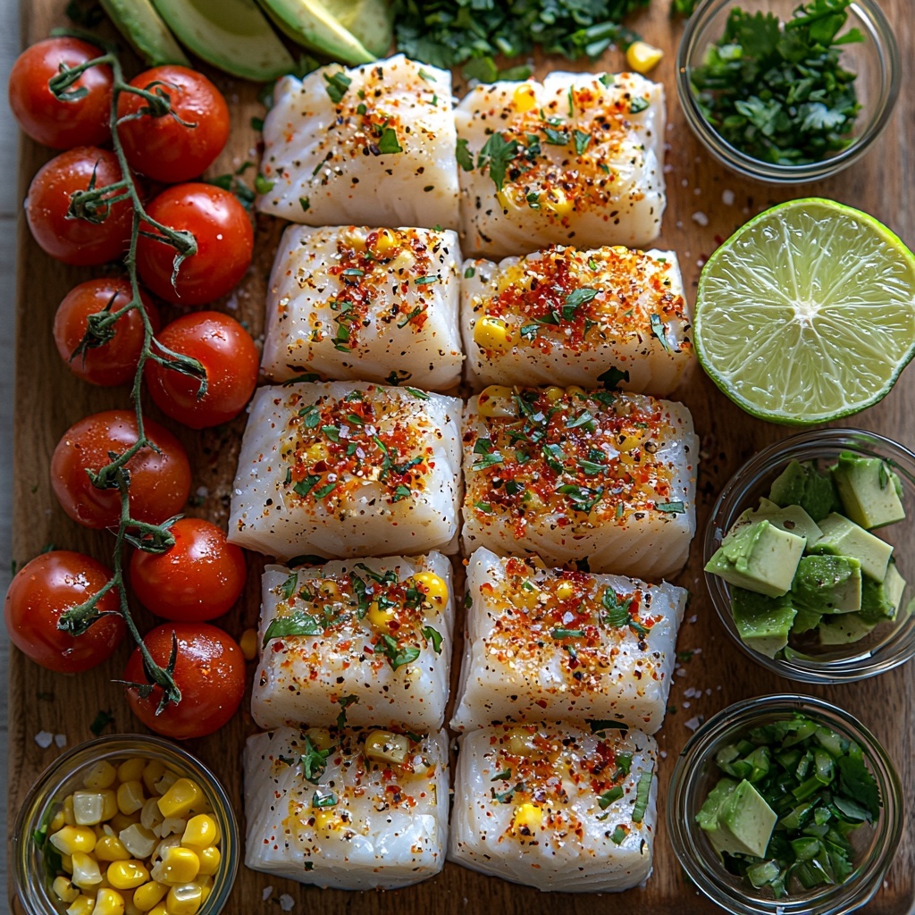 wild cod fillets seasoned with smoked paprika, kosher salt, and black pepper, fresh halved bright red cherry tomatoes, cooked yellow corn kernels, chopped green onion with white and green parts, finely chopped green jalapeño, a small bowl of vibrant green chopped cilantro, fresh lime halves and wedges, sliced creamy green avocado, finely shredded white cabbage in a small bowl, six golden 6-inch corn tortillas stacked neatly, small bowls of lime juice, avocado oil in a glass container, sprinkled kosher salt and cracked black pepper scattered softly around, all ingredients arranged on a clean white wooden surface with natural daylight, colors vivid and fresh, textures contrasting—juicy tomatoes, flaky fish, crisp cabbage, smooth avocado slices, rustic tortillas, styled with minimal shadows and subtle highlights to emphasize freshness, a few sprigs of cilantro and lime wedges artfully placed for accent, overhead shot, top down view, flat lay photography, professional food styling --ar 1:1 --q 2 --s 750 --v 6.1