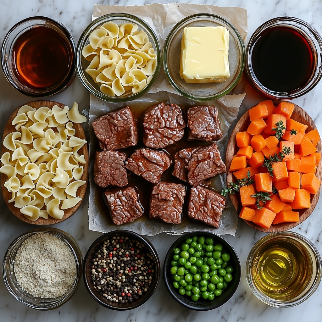 Beef stew meat cubes seasoned and floured, raw uncooked egg noodles scattered loosely, sliced fresh mushrooms glistening, diced yellow onion in a small bowl, diced orange carrots and diced pale green celery arranged in neat piles, peeled garlic cloves minced in a small heap, small wooden spoon with Worcestershire sauce, a bay leaf placed delicately on parchment, pat of golden butter resting on rustic dish, glass measuring cup with rich dark red dry wine, small bowls holding salt, black pepper, garlic salt, celery salt, onion powder, mustard powder, dried thyme, and rosemary each in fine piles, frozen peas frosty and vivid green in a clear dish, olive oil drizzled in a small ceramic bowl, fresh bright green parsley sprigs fanned out for garnish, cups of deep amber beef broth and lighter chicken broth side by side in glass containers; all ingredients arranged artfully on a clean white marble surface to showcase natural textures and vibrant colors, soft diffused natural light highlighting moist surfaces and contrasts, subtle shadows adding depth, styled with rustic wooden spoon and linen napkin accents, minimal and modern composition for a cozy, inviting cooking moment overhead shot, top down view, flat lay photography, professional food styling --ar 1:1 --q 2 --s 750 --v 6.1