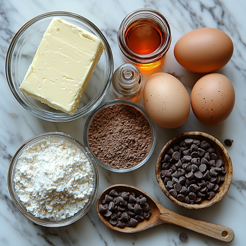 butter stick partially unwrapped showing smooth creamy texture, small glass bowl of granulated sugar sparkling white crystals, teaspoon of vanilla extract in a clear glass vial with amber liquid, rustic wooden spoon holding fine unsweetened cocoa powder dark brown and velvety, small pile of fine salt crystals, small glass jar with vivid red liquid food coloring, tiny bottle of white vinegar with translucent pale liquid, two large fresh brown eggs with smooth shells, mound of all-purpose flour soft white powder, block of softened cream cheese on a white ceramic dish showing creamy smooth surface, small glass bowl with granulated sugar, cracked egg with bright orange yolk spilling slightly, another vial of vanilla extract, scattering of semi-sweet chocolate chips glossy and dark on a light background; all ingredients neatly arranged in a balanced, aesthetically pleasing composition on a clean white marble surface, natural soft lighting highlighting textures and colors, subtle shadows for depth, minimalistic styling with a touch of rustic charm, overhead shot, top down view, flat lay photography, professional food styling --ar 1:1 --q 2 --s 750 --v 6.1
