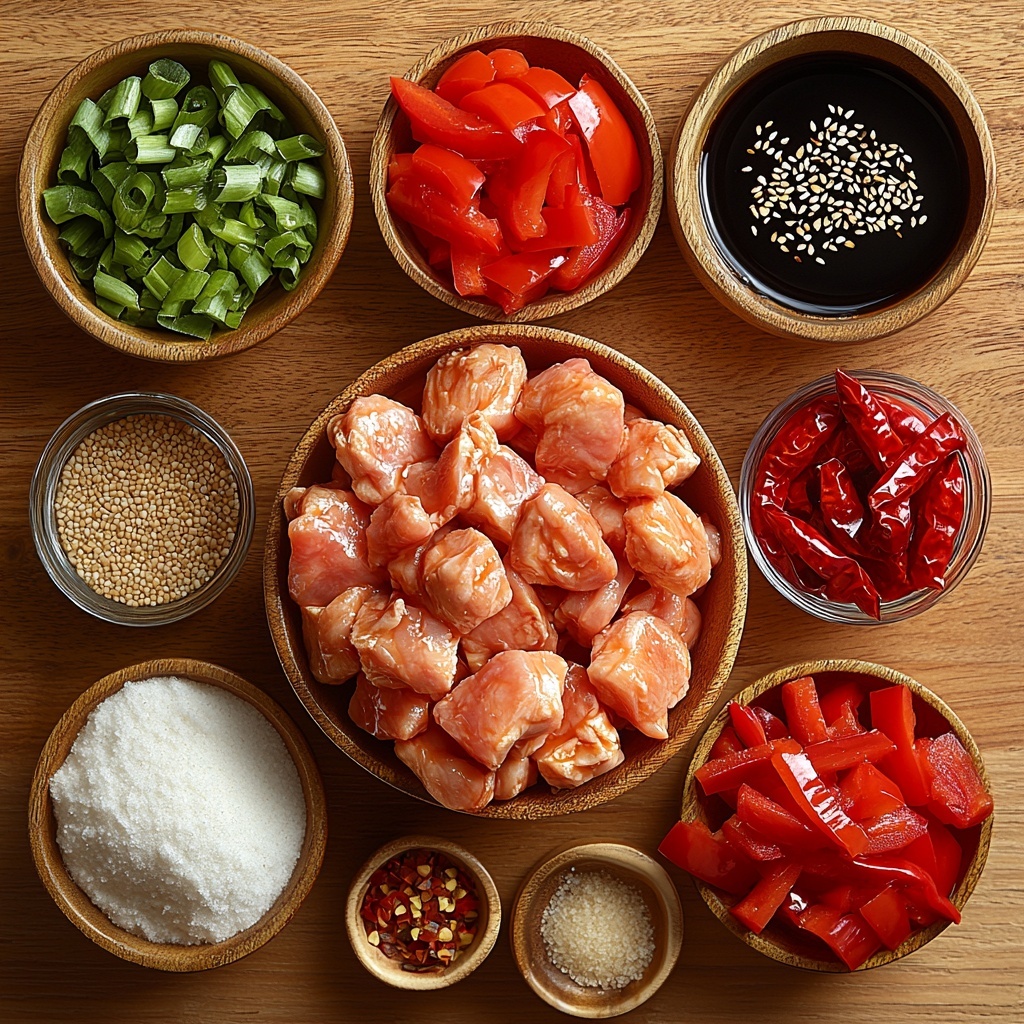 boneless skinless chicken thighs cut into 1-inch pieces in a small rustic bowl, light beige and pink hues; small ceramic bowls with dark soy sauce, lighter soy sauce, rice wine, and chicken broth, liquids shimmering softly; white granulated sugar and fine cornstarch powder in tiny glass ramekins; bright red dried chilies with stems removed, deep wrinkled texture; fresh sliced red chilies vibrant and glossy; minced garlic and minced fresh ginger each in tiny bowls showing coarse textures; fresh large bell pepper strips in shades of bright red and orange arranged neatly; fresh green onions cut into 1-inch pieces with crisp green and white colors; small dishes of golden vegetable oil and glossy dark sesame oil; coarse black pepper sprinkled lightly in a small white dish; all ingredients arranged artfully on a clean light wood surface with natural soft light casting gentle shadows, emphasizing vibrant colors and varied textures; wooden utensils and a neutral linen napkin placed subtly to add warmth and context overhead shot, top down view, flat lay photography, professional food styling --ar 1:1 --q 2 --s 750 --v 6.1