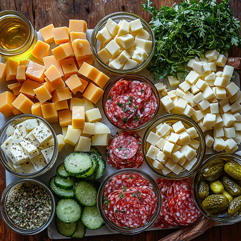 sharp cheddar cheese cubes, pale orange and creamy texture; Monterey Jack or mozzarella cheese cubes, white and smooth; sliced salami quarters, deep red with white marbling; baby dill pickle slices, bright green and glossy; small glass bowl of golden olive oil; small glass bowl of translucent white wine vinegar; small bowl with golden honey; small bowl with pale Dijon mustard; two cloves of minced garlic, off-white and finely chopped; sprinkle of dried Italian seasoning with herbs in green and brown tones; pinch of crushed red pepper flakes, vibrant red; tiny heaps of salt and black pepper, contrasting white and dark granules; small pile of fresh chopped parsley, bright green and leafy—all ingredients arranged neatly in small bowls and scattered artfully on a clean white marble surface, with natural soft lighting casting gentle shadows, emphasizing color contrast and textures, minimalistic rustic props including wooden spoons and small ceramic bowls, subtle hints of herbs around edges for depth, clean and inviting composition overhead shot, top down view, flat lay photography, professional food styling --ar 1:1 --q 2 --s 750 --v 6.1
