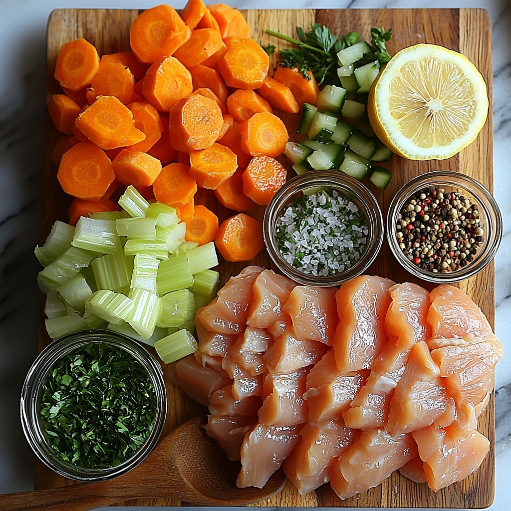 boneless skinless chicken breasts, raw and plump with a pale pink hue, next to a rustic pile of bright orange sliced carrots and fresh green celery stalks cut into crisp slices; a diced white onion with its layered texture visible, alongside several peeled garlic cloves crushed and minced; small glass bowls containing dried thyme, dried parsley, and dried rosemary, each displaying fine, earthy green and brown herbs; a wooden spoon resting beside coarse salt and cracked black pepper scattered lightly on the surface; a generous mound of uncooked pale yellow egg noodles with a smooth, slightly glossy texture; fresh bright green chopped parsley arranged in a small heap, and a halved lemon showing its vibrant yellow flesh ready for squeezing; all ingredients meticulously spaced on a clean white marble countertop with natural soft daylight illuminating the scene to emphasize freshness and texture, gentle shadows adding depth, styled with minimal linen napkin and rustic wooden cutting board elements nearby for warmth and contrast. overhead shot, top down view, flat lay photography, professional food styling --ar 1:1 --q 2 --s 750 --v 6.1