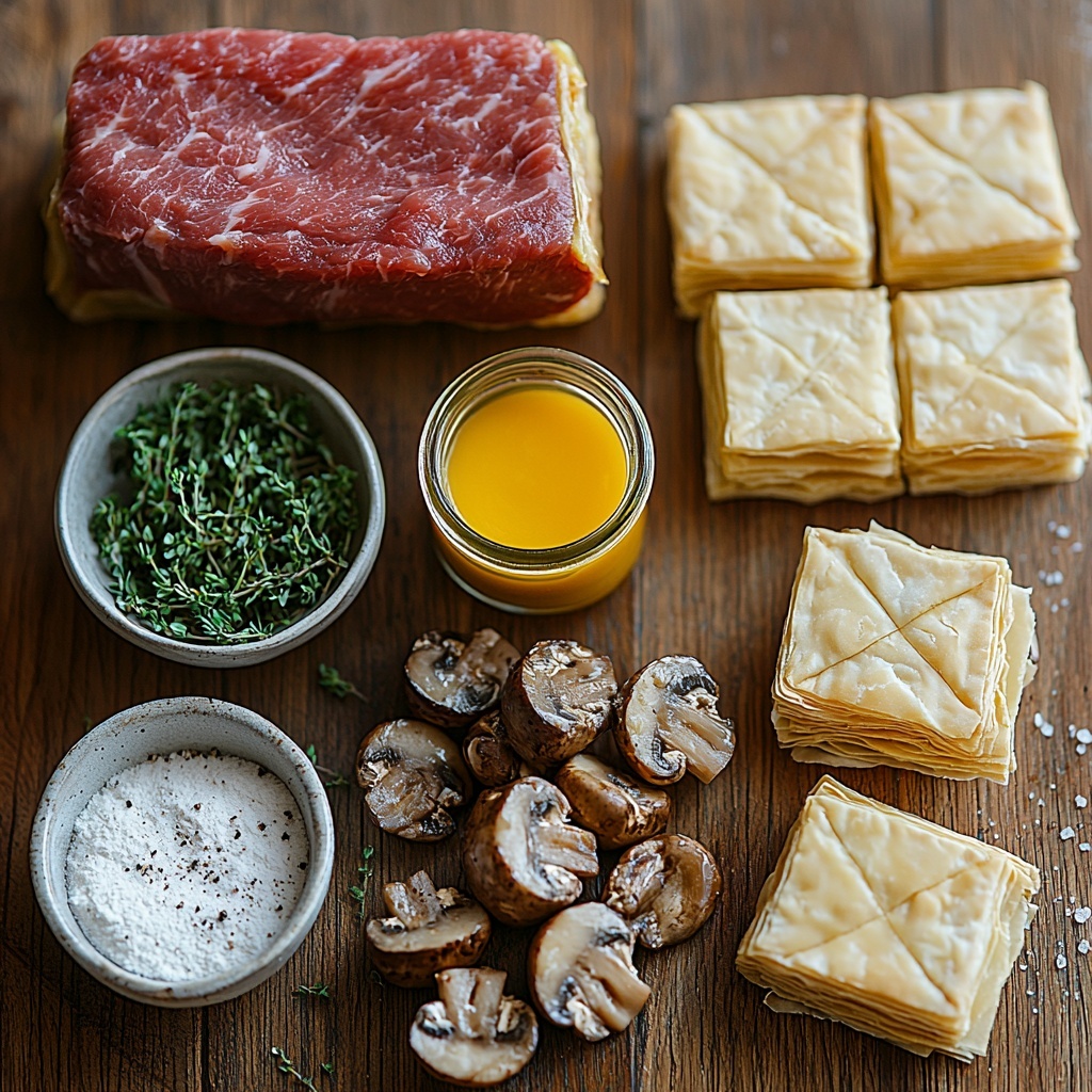 A clean, bright wooden surface neatly arranged with the main ingredients for Mini Beef Wellington Bites: a raw beef tenderloin, deep red with marbled texture, placed diagonally; a sheet of pale golden puff pastry rolled out smoothly; a small bowl filled with finely chopped, earthy brown mushrooms; a glass jar of smooth, vibrant yellow Dijon mustard; a handful of fresh green herbs, like parsley and thyme, scattered artfully; a small ramekin with a glossy beaten egg wash, its rich yellow color shining under soft light; sprinkles of coarse sea salt and freshly cracked black pepper in tiny piles; a lightly dusted patch of flour to hint at the rolling process. The ingredients are spaced evenly with natural shadows, styled minimally but invitingly to highlight textures and colors, with subtle touches of rustic kitchen linens and a soft, natural light source from one side to enhance depth and warmth. overhead shot, top down view, flat lay photography, professional food styling --ar 1:1 --q 2 --s 750 --v 6.1