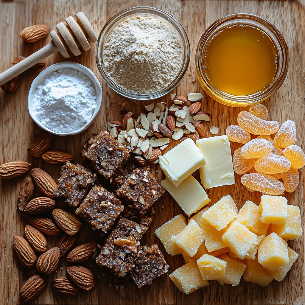 /Imagine a clean, light wooden surface with all the main ingredients of Lebkuchen Bars carefully arranged for an overhead flat lay photo. In one area, a small glass bowl holds golden amber honey, next to a pile of dark, rich packed brown sugar and a smaller heap of sparkling granulated sugar. Nearby, a few tablespoons of creamy unsalted butter rest on a white ceramic dish. A neat mound of fine all-purpose flour contrasts with a wooden spoon heaped with warm brown cinnamon powder and small piles of ground ginger and baking soda, their earthy colors beautifully distinct. A single large brown egg sits in a smooth white bowl. Freshly grated bright orange zest and a small glass with vibrant orange juice add a pop of fresh citrus. To the side, a small heap of sliced unblanched almonds with their soft beige tones and a little bowl of finely chopped candied orange peel glistening with sticky translucence add textural interest. A sifter dusted with pristine white confectioners' sugar lies nearby, accompanied by a small bowl bearing the glaze mixture infused with vanilla and fresh ginger. All ingredients are spaced evenly with subtle shadows, styled with natural soft daylight highlighting the warm autumnal palette of browns, golds, and oranges. The overall composition is balanced, clean, and inviting, showcasing varied textures from smooth liquids and powders to crunchy nuts and glossy peel. overhead shot, top down view, flat lay photography, professional food styling --ar 1:1 --q 2 --s 750 --v 6.1
