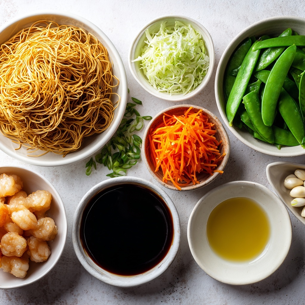 A clean, bright surface showcasing a neatly arranged flat lay of chow mein ingredients: a small bowl of golden chow mein noodles with a subtle sheen of oil; a pile of finely shredded pale green cabbage; a small heap of vibrant, glossy julienned orange carrots; fresh bright green snow peas laid side by side; roughly chopped deep green scallions scattered artfully nearby; two cloves of garlic, peeled and minced in a tiny dish; a small white bowl with glossy dark brown soy sauce mixed with oyster sauce, sesame oil, and a hint of sugar visible as fine granules; a separate bowl containing tender cooked chicken pieces with a light golden brown sear or cubes of tofu with a slightly crispy exterior for the optional protein; and a small dish of clear to light yellow vegetable oil. The ingredients are spaced evenly with contrasting colors and textures highlighted—smooth noodles, crisp vegetables, shiny sauces, and tender proteins—arranged symmetrically but naturally. Soft natural light illuminates the scene, casting minimal shadows, with clean, minimal props that emphasize freshness and clarity. The overall composition is balanced, airy, and inviting, perfect for professional food styling. overhead shot, top down view, flat lay photography, professional food styling --ar 1:1 --q 2 --s 750 --v 6.1