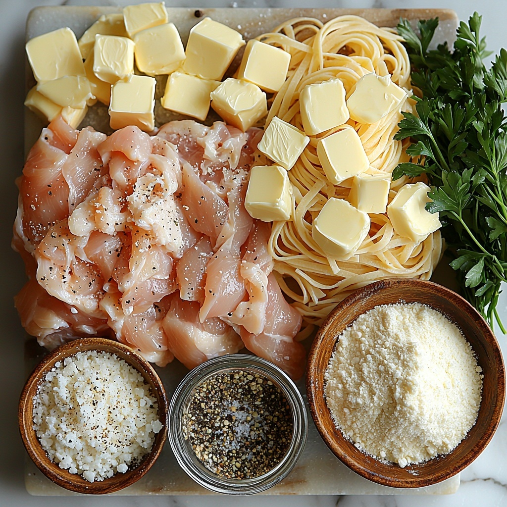 large boneless skinless chicken breast sliced, salted butter cubes, minced garlic cloves, all-purpose flour in a small bowl, a glass measuring cup of creamy half and half, grated Parmesan cheese mound, grated Romano cheese mound, coarse salt and cracked black pepper scattered, uncooked fettuccine nest, fresh vibrant green parsley sprigs, all ingredients neatly arranged on a clean white marble surface with soft natural daylight, textures highlighted with subtle shadows, warm and inviting color palette focusing on creamy whites, golden yellows, pale beige, and fresh green accents, slight rustic touch with a wooden spoon and small ceramic bowls for flour and spices, overhead shot, top down view, flat lay photography, professional food styling --ar 1:1 --q 2 --s 750 --v 6.1