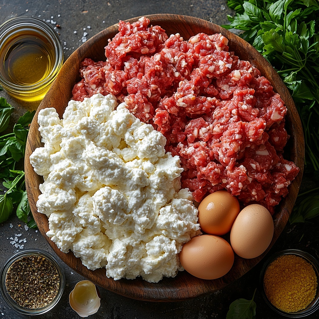 Ricotta cheese bowl with creamy white texture, raw ground chuck and ground pork heaps with rich red and pink hues, a small glass bowl of bright red marinara sauce, a cluster of golden yellow olive oil in a clear glass jar and a small measuring cup, finely diced yellow onion pieces scattered softly, three peeled garlic cloves alongside a small dish of minced garlic, a bowl of golden Italian breadcrumbs with coarse texture, a small heap of finely grated Parmesan cheese, a bowl with a whisked egg showing vibrant yellow yolk and translucent white, a small cup of creamy half and half, a bunch of fresh roughly chopped bright green parsley and some sprigs for garnish, small dishes holding dried basil, oregano, parsley, Italian seasoning, mustard powder, salt and pepper powders each with distinct earthy tones, all arranged neatly with balanced spacing on a clean, matte white surface that enhances the natural colors and textures, soft natural lighting with subtle shadows creating depth, minimal props, overhead shot, top down view, flat lay photography, professional food styling --ar 1:1 --q 2 --s 750 --v 6.1