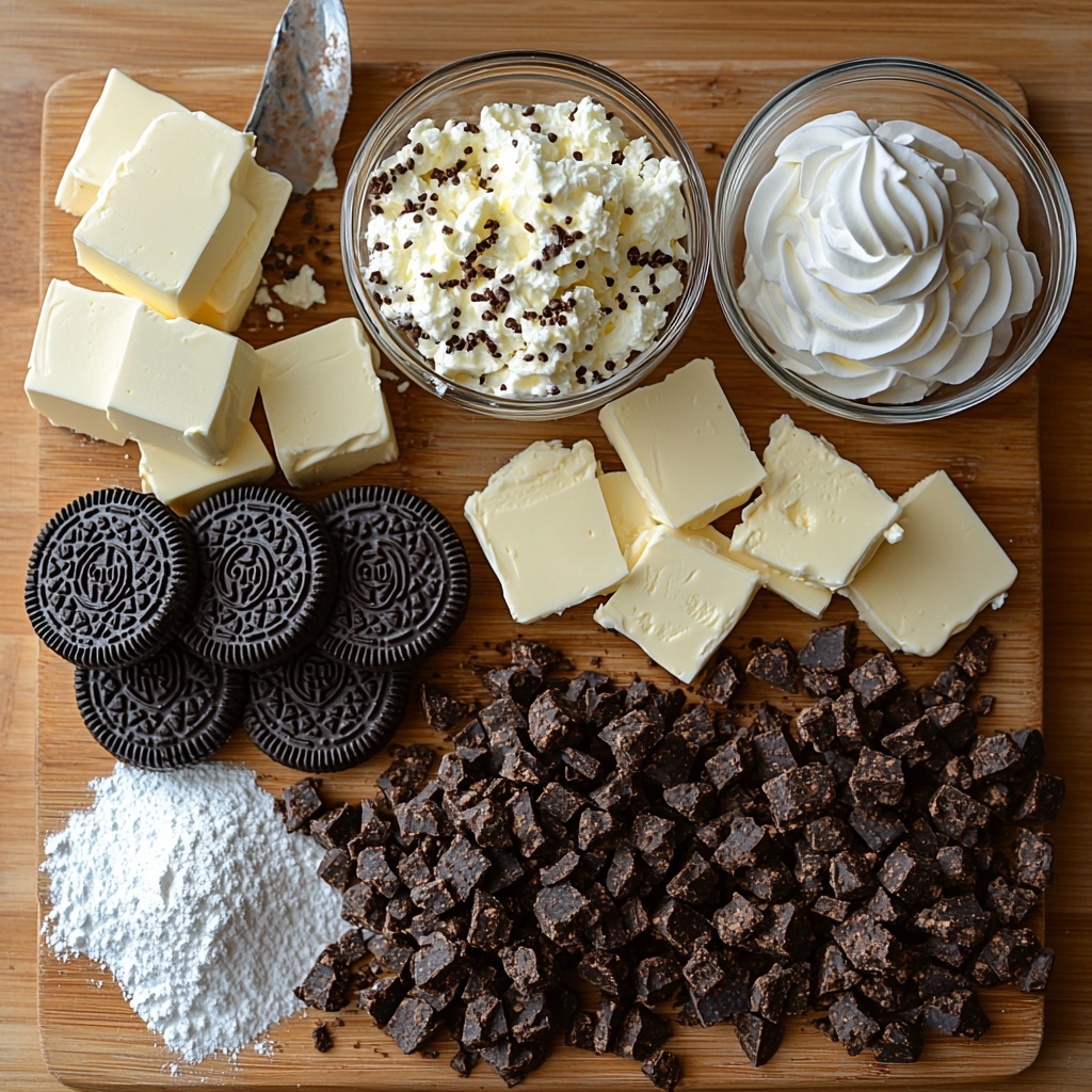 A clean white surface with all ingredients for no-bake Oreo cheesecake neatly arranged in a visually pleasing flat lay: a stack of whole dark chocolate Oreo cookies with white filling, some Oreo cookies crushed into fine crumbs showing black-and-white texture, a small clear bowl of melted golden butter glistening, a smooth block of pale cream cheese on a wooden cutting board, a small white bowl filled with fine snowy white powdered sugar, and a fluffy swirl of bright white whipped cream in a glass dish. The ingredients are spaced evenly with natural soft daylight casting gentle shadows, highlighting contrasting textures—the crumbly Oreos, creamy cheese, glossy butter, and airy whipped cream. Clean utensils and a folded linen napkin in soft beige add warmth and style, capturing a fresh, inviting mood. Overhead shot, top down view, flat lay photography, professional food styling --ar 1:1 --q 2 --s 750 --v 6.1