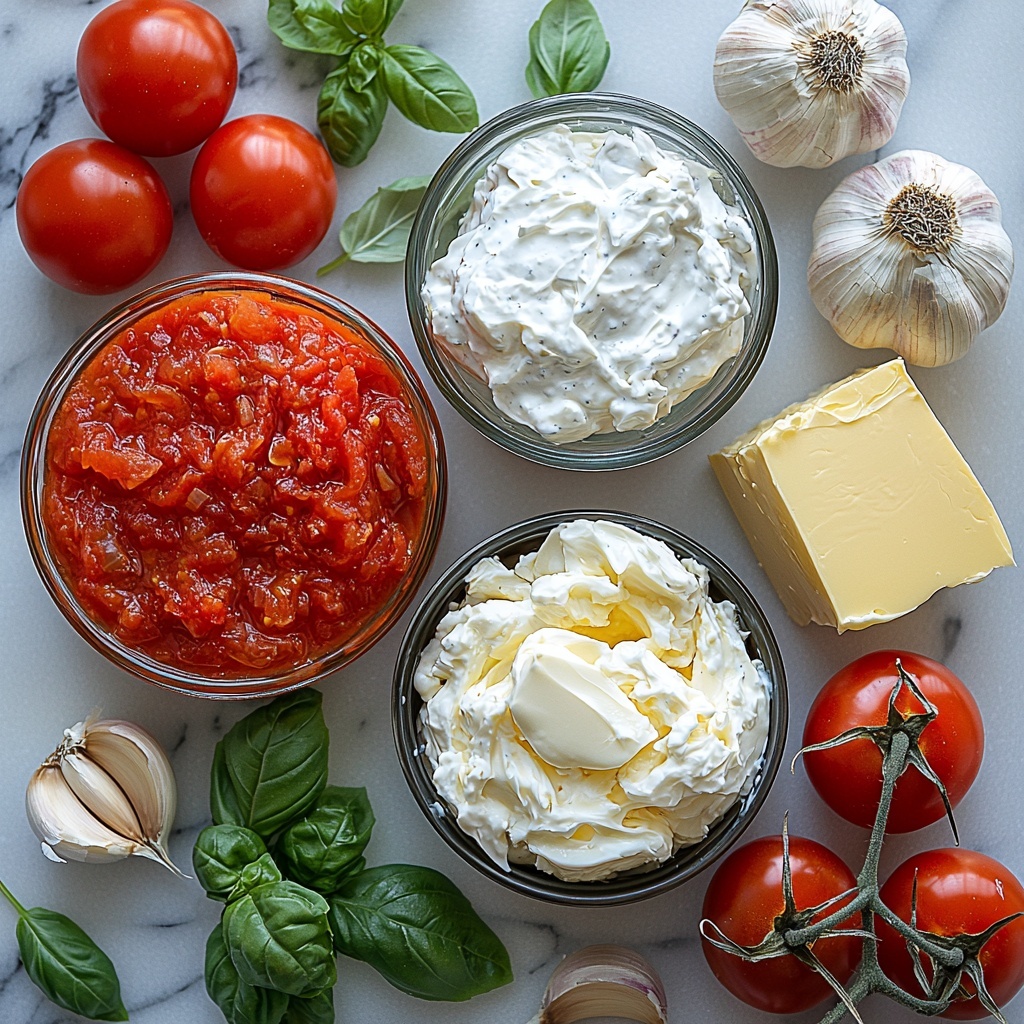 A clean white or light wooden surface neatly arranged with two cans of crushed tomatoes featuring bright red labels and vivid crushed tomato textures visible, a small bowl of smooth, rich cream with a glossy surface, a whole onion with papery light brown skin alongside a halved onion showing its crisp white layers, several peeled garlic cloves with a slightly matte, creamy texture, and a small pat of golden butter resting on a rustic wooden board. The ingredients are spaced evenly with natural soft daylight casting gentle shadows, highlighting the vibrant reds of the tomatoes, the creamy whites of the cream and garlic, and the warm browns of the onion and butter. The composition is balanced and visually inviting, styled with minimal props and subtle flourishes such as a wooden spoon or a linen napkin hinting at rustic home cooking. overhead shot, top down view, flat lay photography, professional food styling --ar 1:1 --q 2 --s 750 --v 6.1