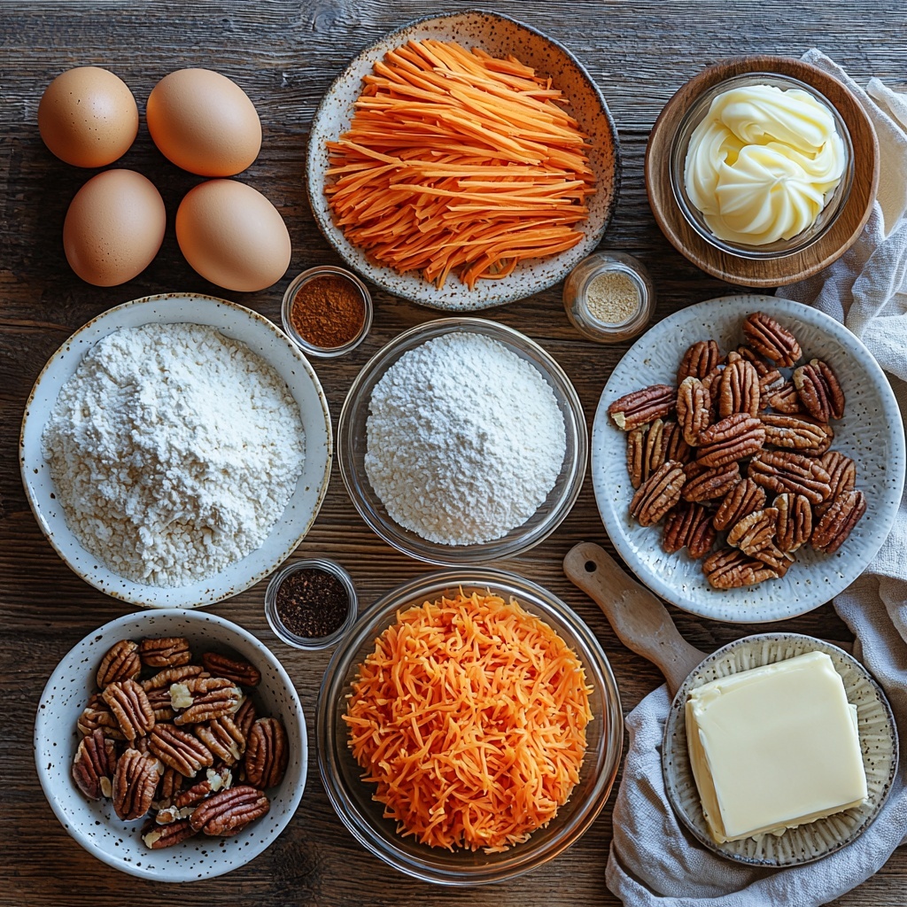 /Imagine prompt: A vibrant, clean flat lay of all main ingredients for a carrot loaf cake arranged neatly on a light wooden surface. Include 1 ¾ cups of all-purpose flour in a small glass bowl with a fine dusting of flour around it; a small white ceramic dish holding ground cinnamon, ground ginger, and ground nutmeg each in tiny piles, showcasing their warm brown, beige, and nutty tones. Near them, 2 teaspoons of baking powder and ¼ teaspoon of salt in matching white dishes. Two large fresh brown eggs with smooth shells placed next to a small clear glass bowl with 6 tablespoons of golden neutral vegetable oil. A rustic ceramic bowl filled with 1 cup of granulated white sugar catching soft light. A small glass bottle or vial containing amber vanilla extract. A heaping mound of 2 packed cups grated bright orange carrots on a natural linen napkin. A small wooden dish with ½ cup finely chopped pecans showing rich caramel and chocolate browns with neat texture. Softened cream cheese on a white ceramic plate with a pat of pale yellow butter beside it, both with smooth, creamy textures. Powdered sugar sifted lightly on the surface nearby in a delicate porcelain ramekin. Small garnish piles of miniature bright orange frosting carrots and chopped pecans placed artistically for color contrast. The composition is airy and balanced with natural daylight, minimal shadows, subtle rustic props like a linen cloth and wooden spoons, and a neutral color palette emphasizing the warm earthy tones and vibrant orange. overhead shot, top down view, flat lay photography, professional food styling --ar 1:1 --q 2 --s 750 --v 6.1