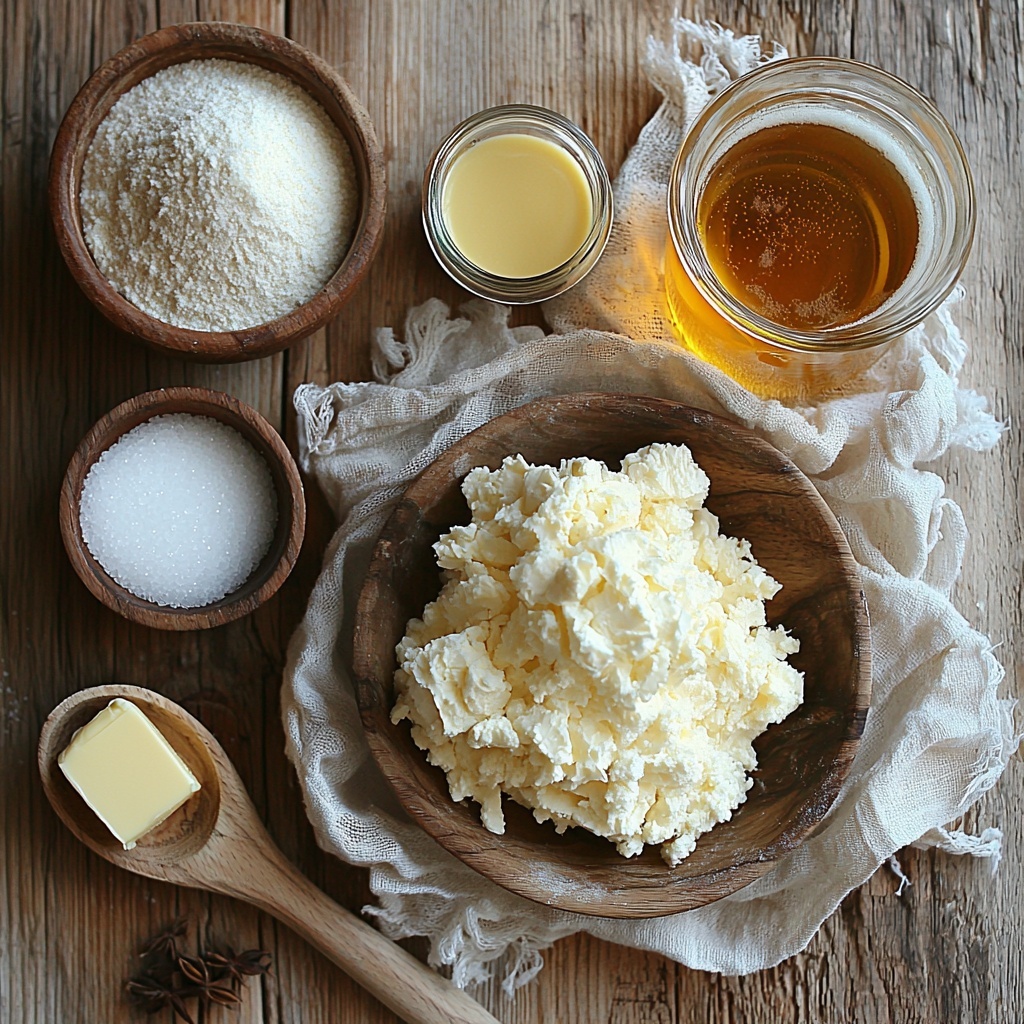 beer in a rustic glass measuring cup with warm amber color, small bowl of golden granulated sugar, sprinkling of coarse kosher salt crystals on white ceramic spoon, heap of off-white instant dry yeast granules on a wooden surface, mound of all-purpose flour spread lightly on a linen cloth, small clear bowl with melted golden butter showing smooth texture, large glass bowl filled with clear water, wide shallow pot with baking soda powder fine white granules, small bowl with bright yellow smooth mustard, glass bowl of rich amber maple syrup, white ramekin holding whisked egg yolk and water mixture with glossy surface; all ingredients arranged neatly on a clean light wooden table, with soft natural daylight illuminating textures and colors, rustic kitchen vibe, subtle shadows creating depth, minimal props such as a wooden spoon and a folded linen napkin nearby, overhead shot, top down view, flat lay photography, professional food styling --ar 1:1 --q 2 --s 750 --v 6.1