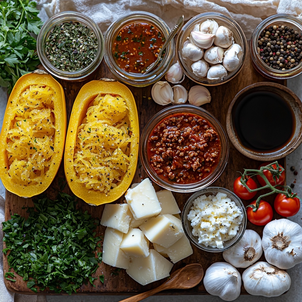 vibrant flat lay of fresh and raw ingredients for spaghetti squash casserole arranged neatly on a clean white surface: halved bright yellow spaghetti squash showing the stringy flesh, glossy olive oil in a small glass jar, a mound of raw lean ground beef with rich red color and marbling, a small pile of diced white onion, fresh sliced brown baby bella mushrooms with smooth caps, three whole garlic cloves with papery white skins, a small bowl of deep red tomato paste, a glass dish with dark green dried Italian herbs, a rustic bowl filled with bright red tomato sauce, a can of fire roasted diced tomatoes with visible charred bits, a small amber bottle of balsamic vinegar with a glossy finish, scattered grains of coarse salt and cracked black peppercorns, a heap of shredded white mozzarella cheese with soft texture, and a small bunch of freshly chopped bright green parsley for garnish—arranged in an aesthetically balanced circle around a wooden spoon and a rustic linen napkin, natural soft daylight from the side casting gentle shadows, minimalistic styling, focus on vivid colors and contrasting textures, clean and inviting presentation overhead shot, top down view, flat lay photography, professional food styling --ar 1:1 --q 2 --s 750 --v 6.1