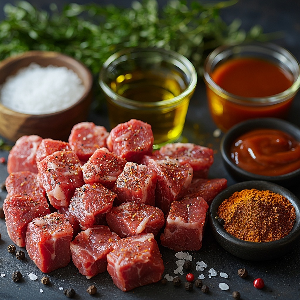 4 lbs. fresh raw pork shoulder roast pieces trimmed of excess fat, arranged neatly in a cluster; small rustic bowl with a vibrant reddish-brown smoked paprika powder, another bowl containing golden brown coconut sugar, a third small bowl with warm earthy ground cumin; scattered coarse kosher salt crystals and freshly ground black peppercorns visibly textured on the clean surface; a small glass container of rich, golden olive oil with a reflective highlight; a clear glass measuring cup filled halfway with amber apple cider vinegar beside a similar cup with clean water, both showing liquid clarity and reflections; a small bowl of thick, glossy barbecue sauce with deep reddish-brown hues; all items carefully spaced on a bright, clean white matte surface that enhances the colors and textures; natural soft daylight illuminating gently from the side, creating delicate shadows and highlighting the ingredients’ textures; minimalistic, clean styling with a focus on natural color contrasts and rustic charm; subtle fresh herbs or a small vintage spoon included for visual interest, enhancing the storytelling of the cooking process, overhead shot, top down view, flat lay photography, professional food styling --ar 1:1 --q 2 --s 750 --v 6.1