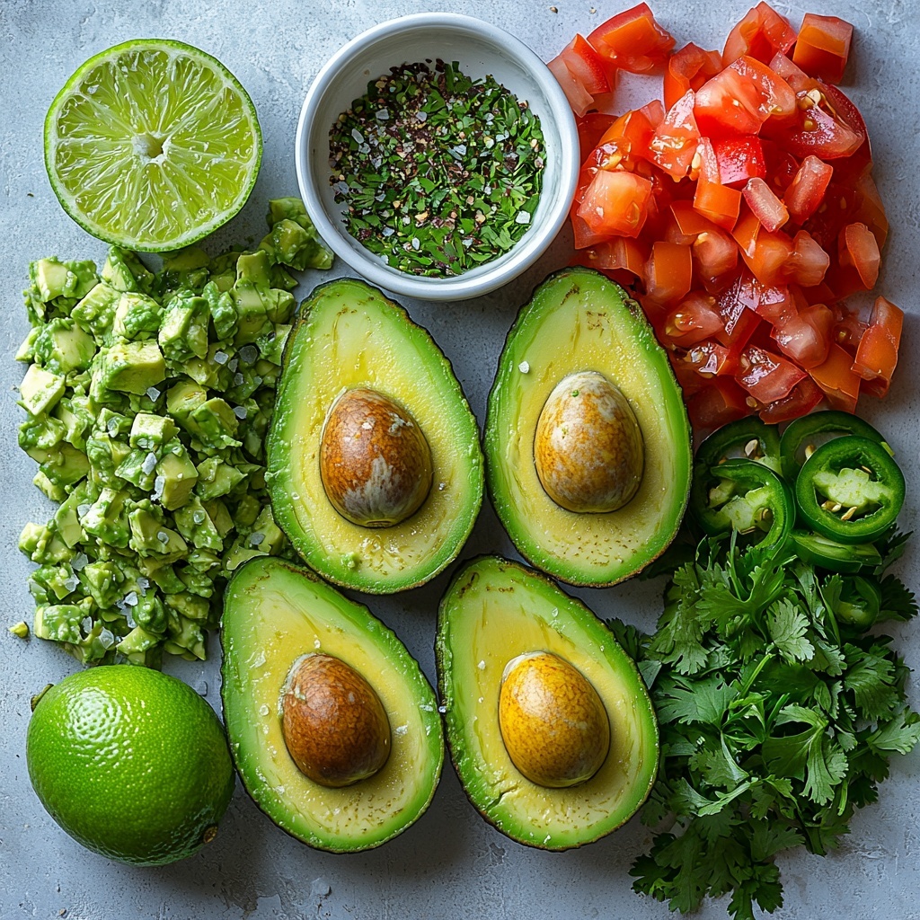 lush flat lay of fresh guacamole ingredients arranged neatly on a clean white marble surface: three ripe avocados halved showing creamy green flesh with smooth texture and brown pits removed, a small lime cut in half with vibrant green juicy segments, a small pile of finely diced white onion with translucent sharp edges, a small mound of finely minced green jalapeño peppers with seeds removed, a handful of bright green chopped fresh cilantro leaves scattered delicately, one small Roma tomato quartered and deseeded revealing vivid red juicy flesh, a pinch of warm brown ground cumin in a tiny white dish, a small heap of coarse sea salt crystals shimmering subtly, extra lime wedges with fresh zest placed artistically nearby, natural soft daylight illuminating the ingredients highlighting fresh colors and textures, subtle shadows adding depth and dimension, crisp focus with delicate food styling emphasizing freshness and simplicity, overhead shot, top down view, flat lay photography, professional food styling --ar 1:1 --q 2 --s 750 --v 6.1
