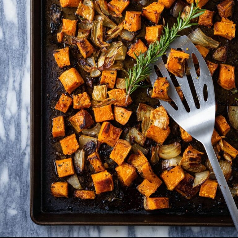Oven Roasted Sweet Potato Cubes with Onion and Rosemary Recipe